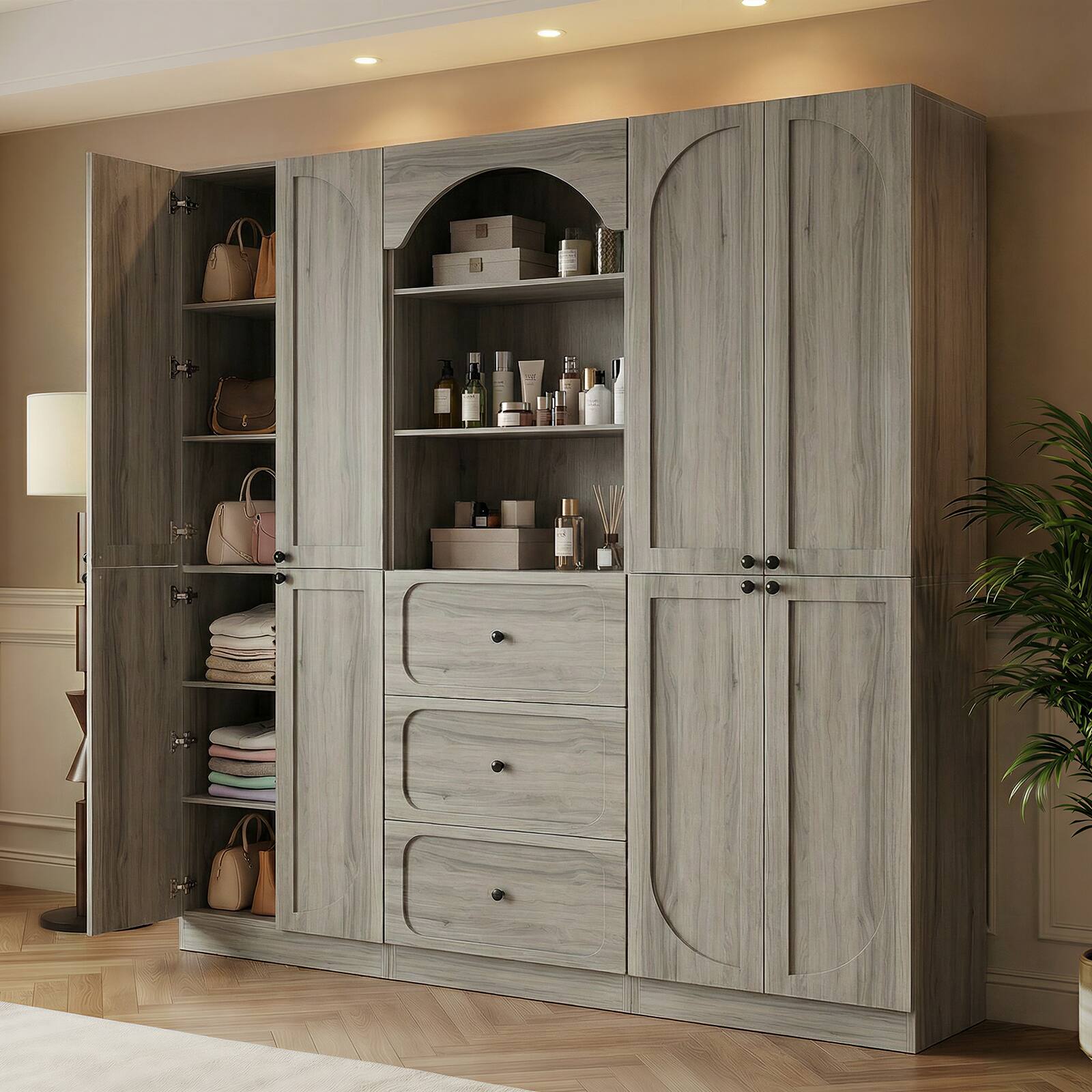 Back. Aheaplus - 80" Arched Kitchen Pantry Sets: Wooden Cupboard, 3 Drawers, 9-Tier Shelves, Kitchen/Living Room ,Ships in 2 Packages - White Oak.