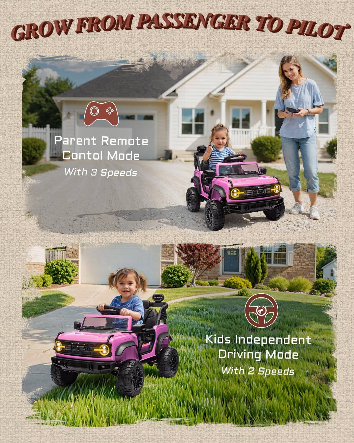 GROW FROM PASSENGER TO PILOT

Parent Remote Control Mode With 3 Speeds

Kids Independent Driving Mode With 2 Speeds