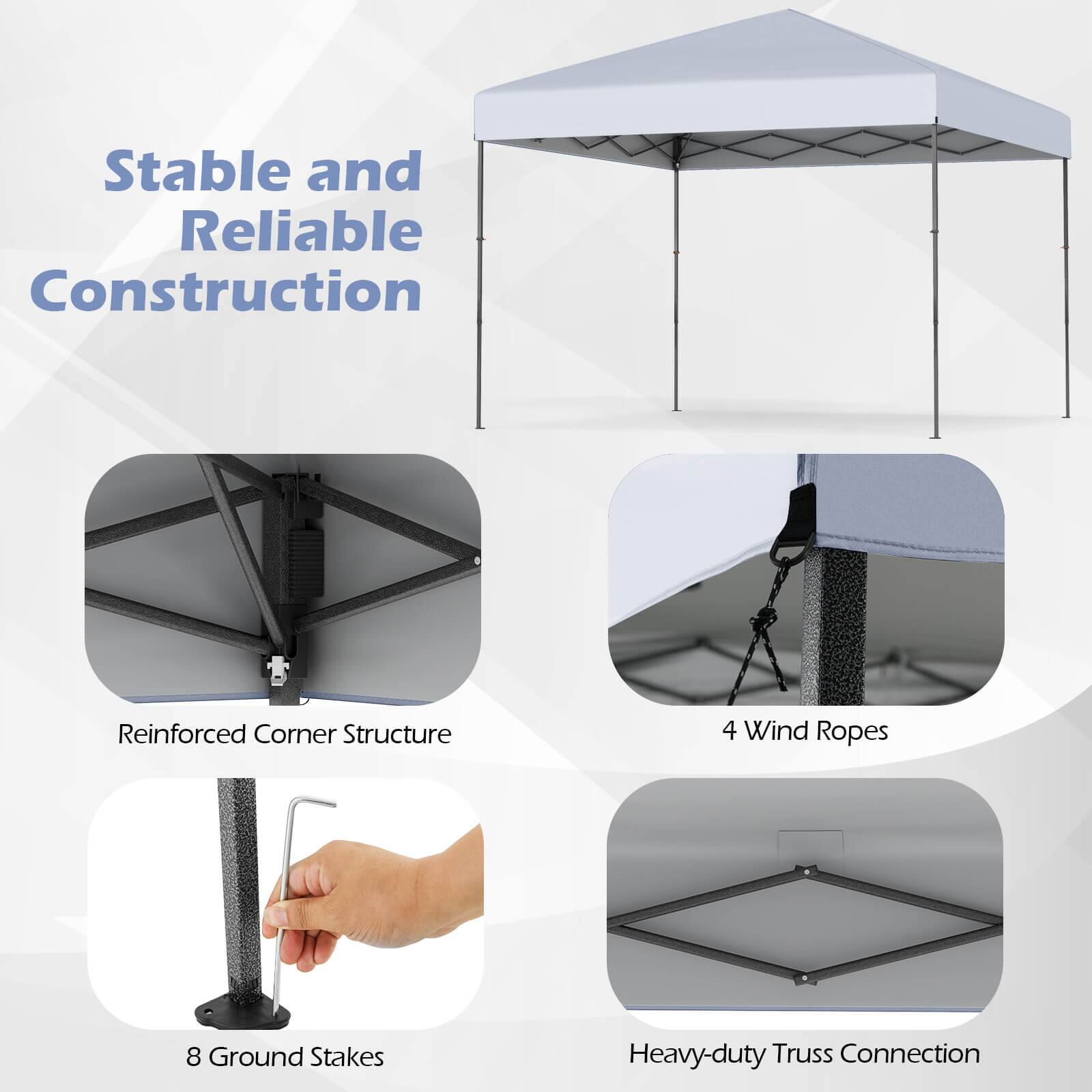 Stable and Reliable Construction

- Reinforced Corner Structure
- 4 Wind Ropes
- 8 Ground Stakes
- Heavy-duty Truss Connection