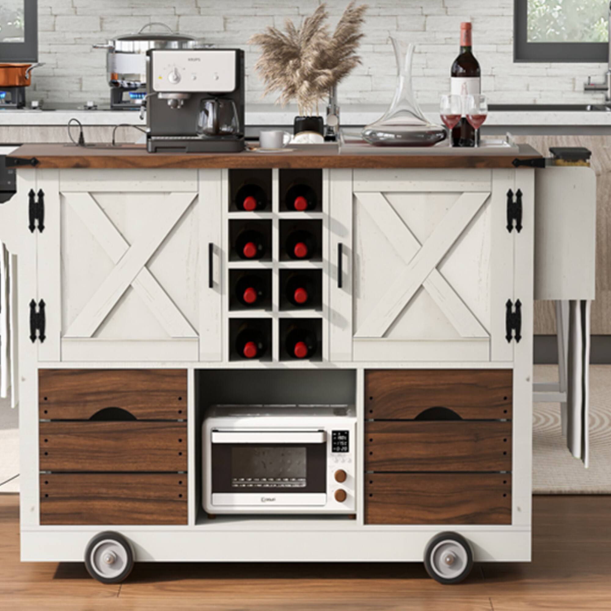 Alt View 1. ELEMENT ACE - Farmhouse Kitchen Island with Drop Leaf, Power Outlet, Storage Cart and Wheels - White.