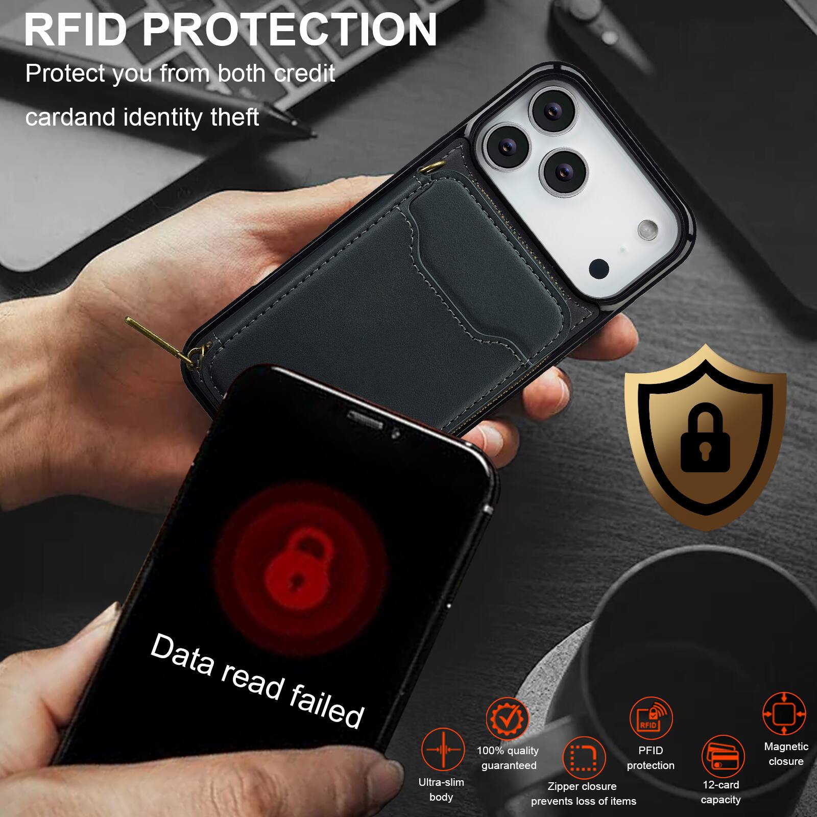 RFID PROTECTION  
Protect you from both credit card and identity theft  

Data read failed  

100% quality guaranteed protection  
Ultra-slim closure  
Zipper body prevents loss of items  
Magnetic closure  
12-card capacity  

RFID PROTECTION  
Protect you from both credit card and identity theft
