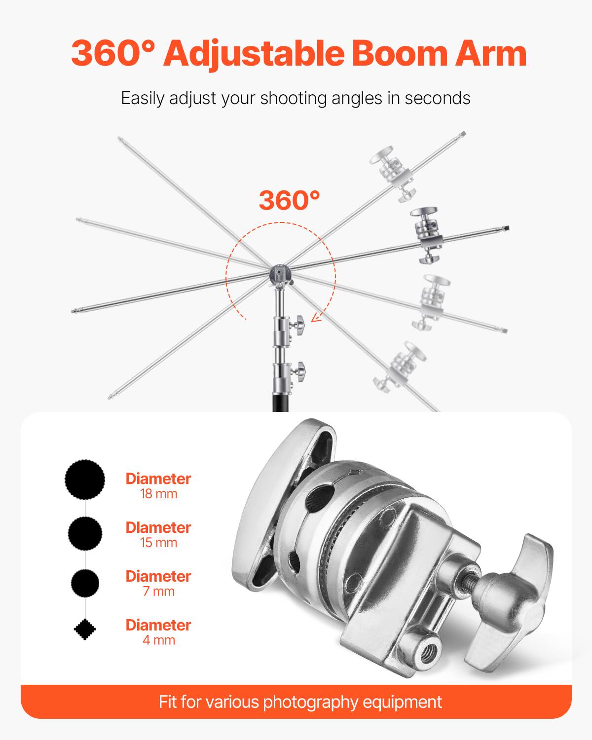 360° Adjustable Boom Arm

Easily adjust your shooting angles in seconds

360°

Diameter 18 mm  
Diameter 15 mm  
Diameter 7 mm  
Diameter 4 mm  

Fit for various photography equipment