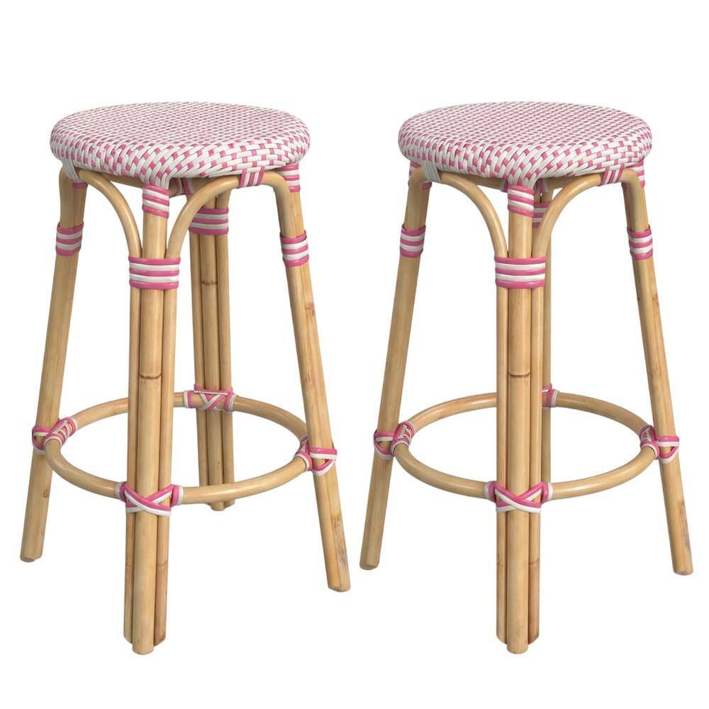 Angle. Butler Specialty - Tobias Rattan Round 24" Counter Stool - White And Pink Dot.