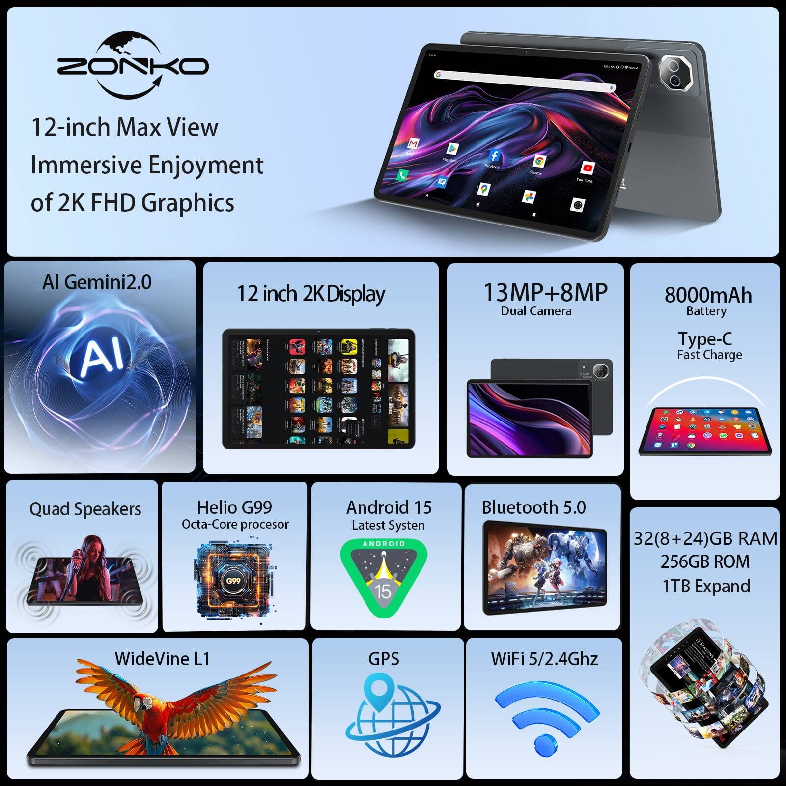 ZONKO

12-inch Max View Immersive Enjoyment of 2K FHD Graphics

AI Gemini2.0

12 inch 2K Display

13MP+8MP Dual Camera

8000mAh Battery

Type-C Fast Charge

Quad Speakers

Helio G99 Octa-Core Processor

Android 15 Latest System

Bluetooth 5.0

32(8+24)GB RAM 256GB ROM 1TB Expand

WideVine L1

GPS

WiFi 5/2.4Ghz