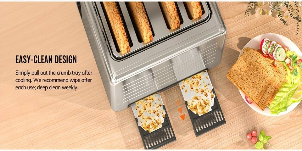 EASY-CLEAN DESIGN

Simply pull out the crumb tray after cooling. We recommend wipe after each use; deep clean weekly.