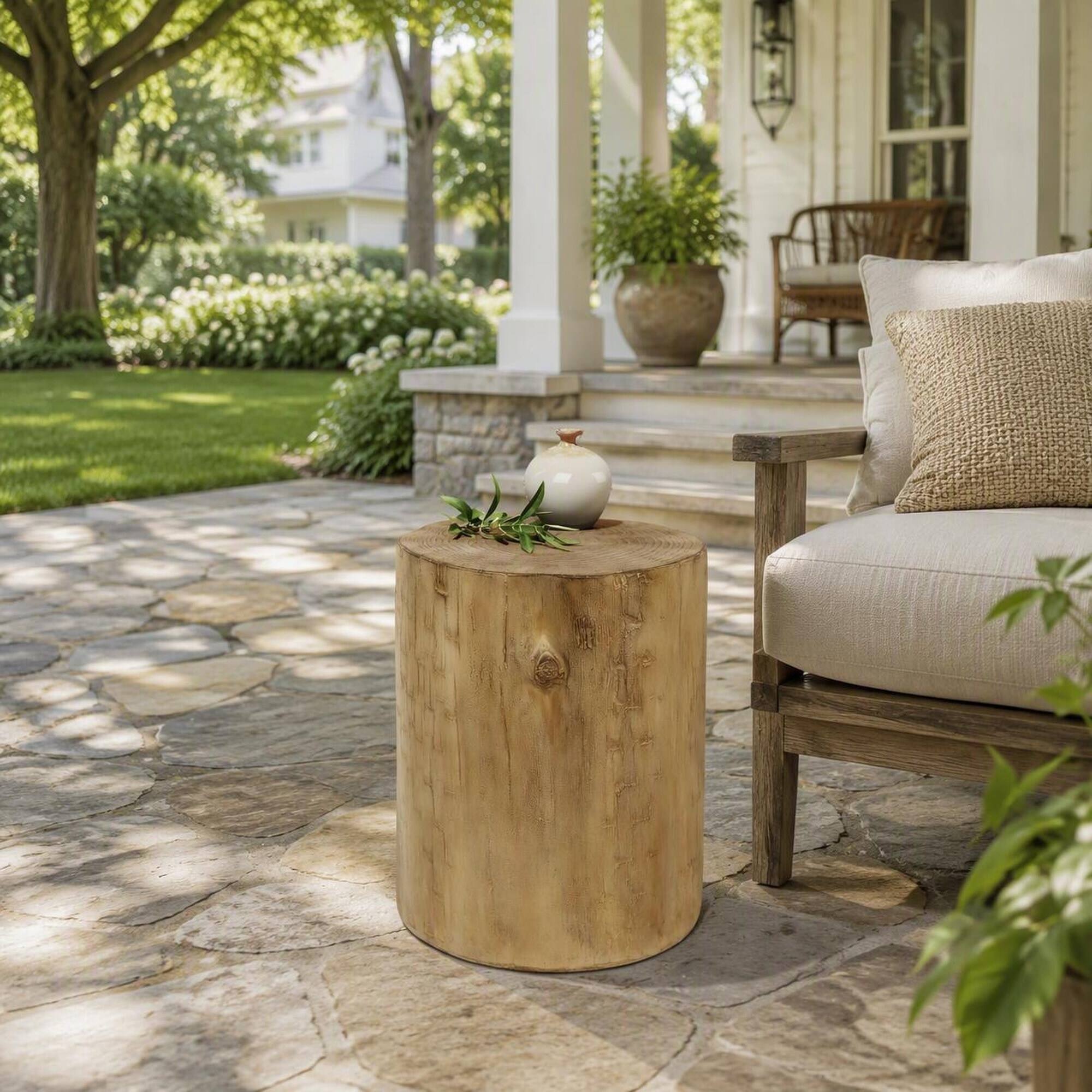 Angle. RYHNUYNE - Outdoor 14.25" Accent Side Table, Hand‑Painted Faux Wood Stump End Table For Patio Backyard Decor - Light Brown.
