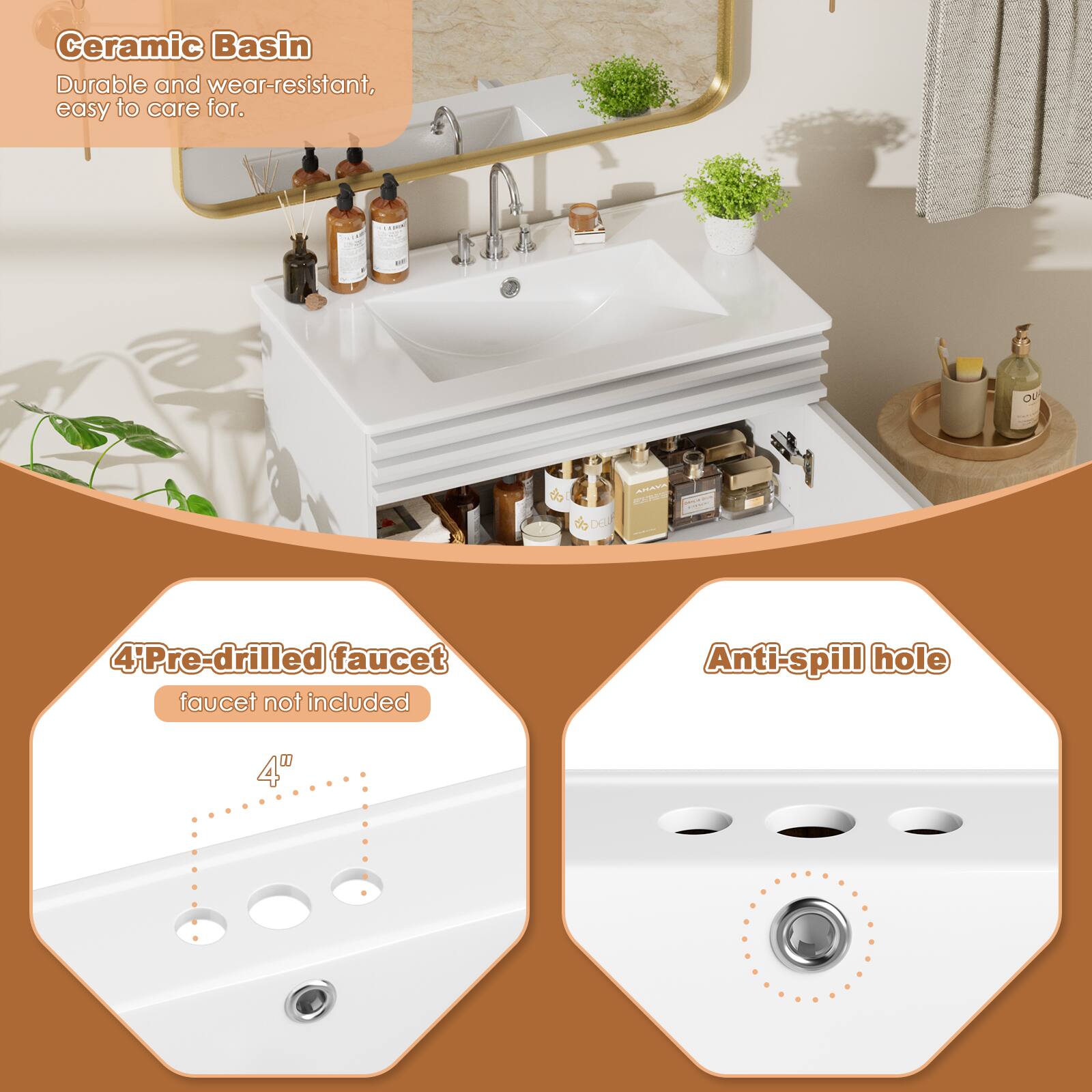 Ceramic Basin Durable and wear-resistant, easy to care for. 4" Pre-drilled faucet faucet not included Anti-spill hole