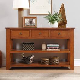 GOODSILO - Solid Wood Console Table with Storage Drawers and Shelves for Entryway, Living Room, or Bedroom - Brown