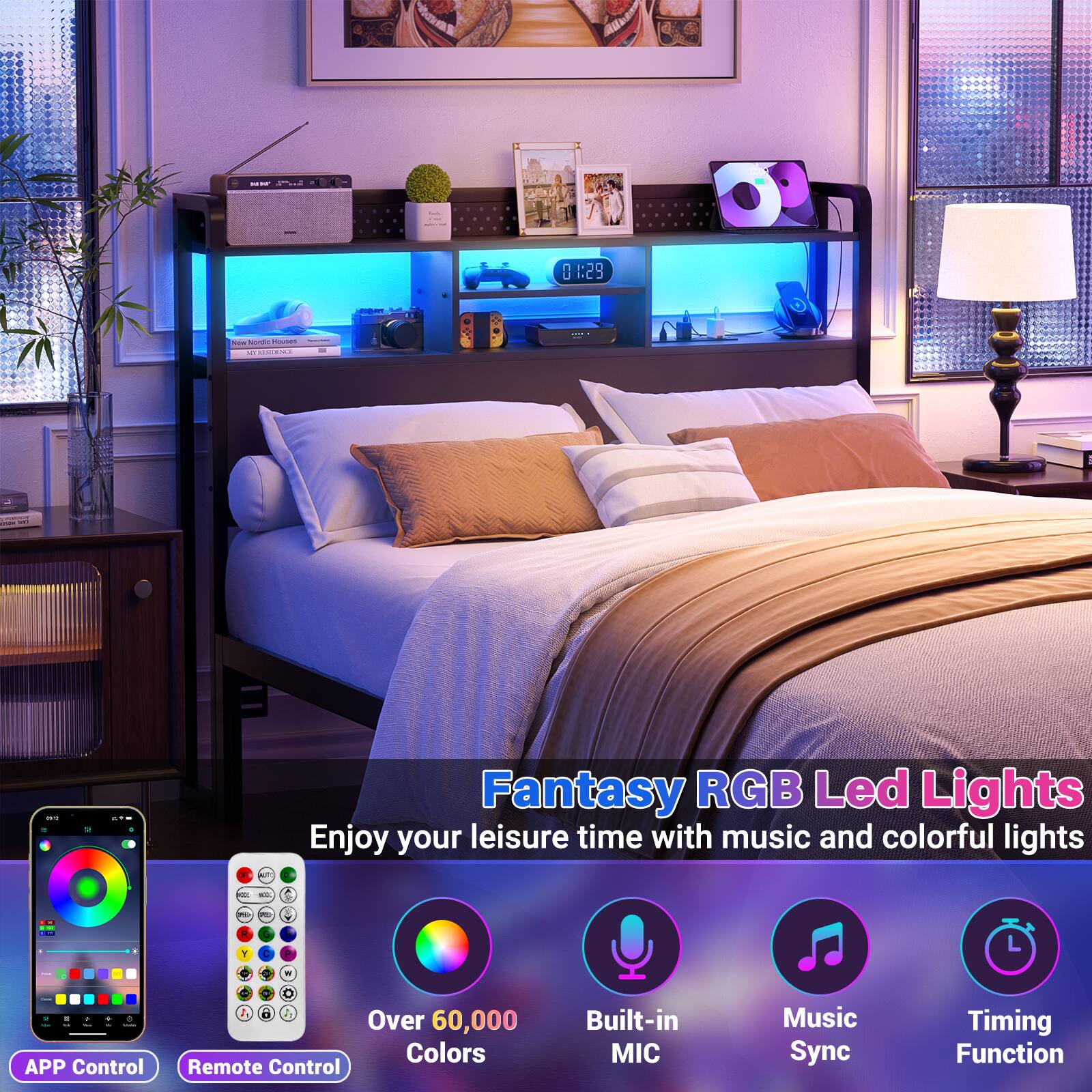 Fantasy RGB Led Lights  
Enjoy your leisure time with music and colorful lights  

- Over 60,000 Colors  
- Remote Control  
- APP Control  
- Built-in MIC  
- Music Sync  
- Timing Function