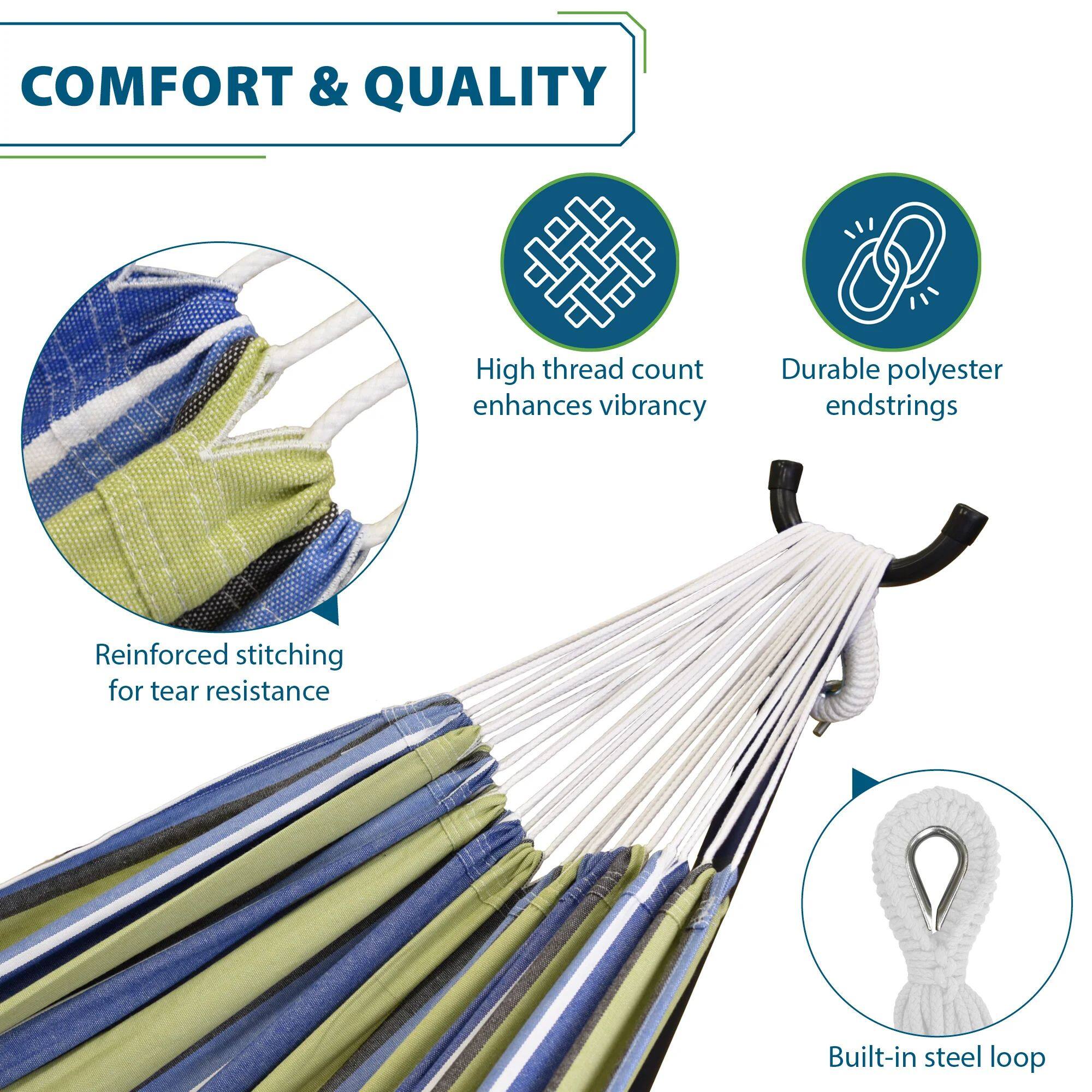 COMFORT & QUALITY

- High thread count enhances vibrancy
- Durable polyester endstrings
- Reinforced stitching for tear resistance
- Built-in steel loop
