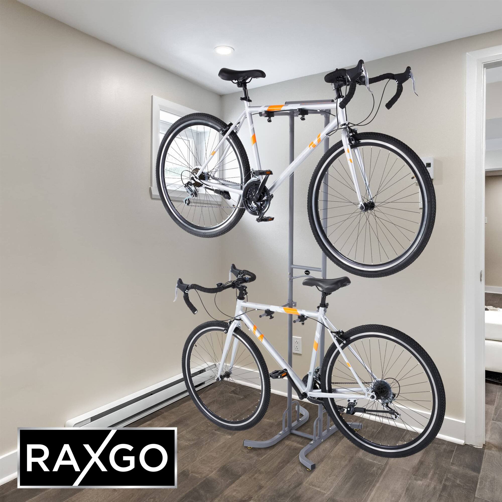Alt View 6. RaxGo - Freestanting Bike Storage Rack, 2 Bicycle Stand W/Adjustable Hooks, for Mountain & Road Bikes - Black & Grey.