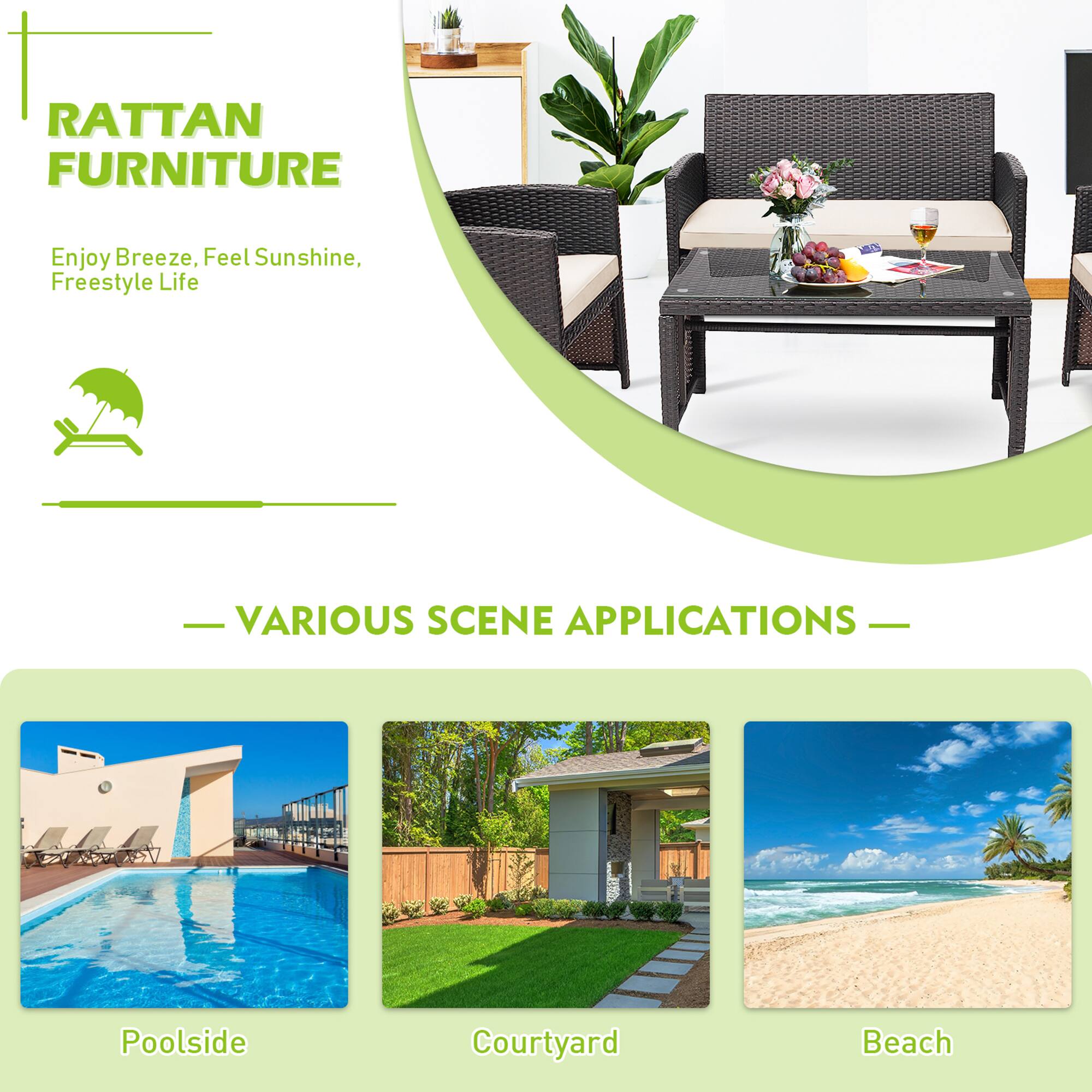 RATTAN FURNITURE

Enjoy Breeze, Feel Sunshine, Freestyle Life

VARIOUS SCENE APPLICATIONS

Poolside  
Courtyard  
Beach