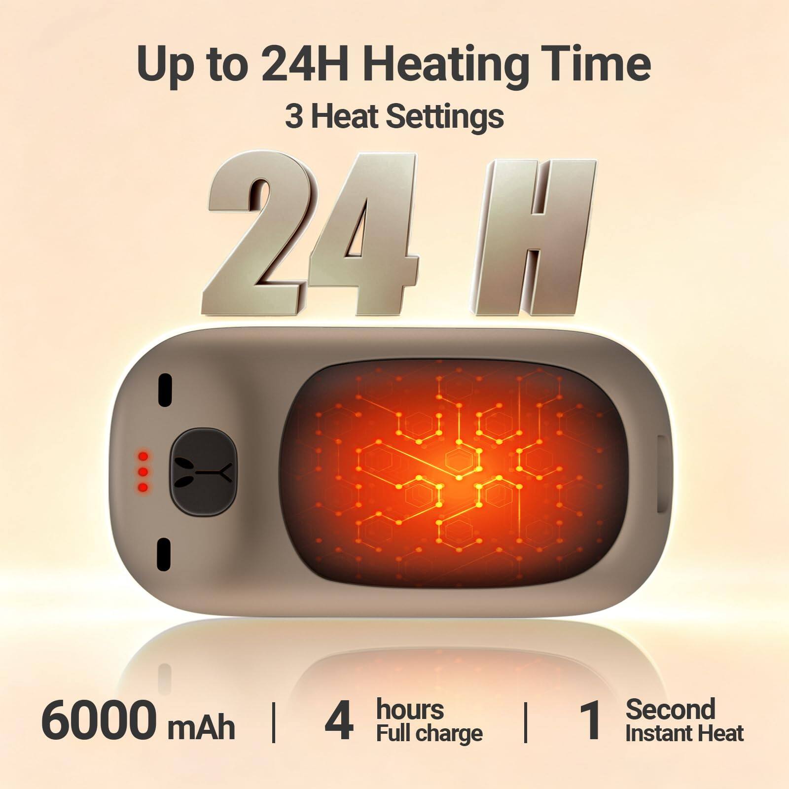 Up to 24H Heating Time  
3 Heat Settings  
24H  

6000 mAh  
4 hours Full charge  
1 Second Instant Heat