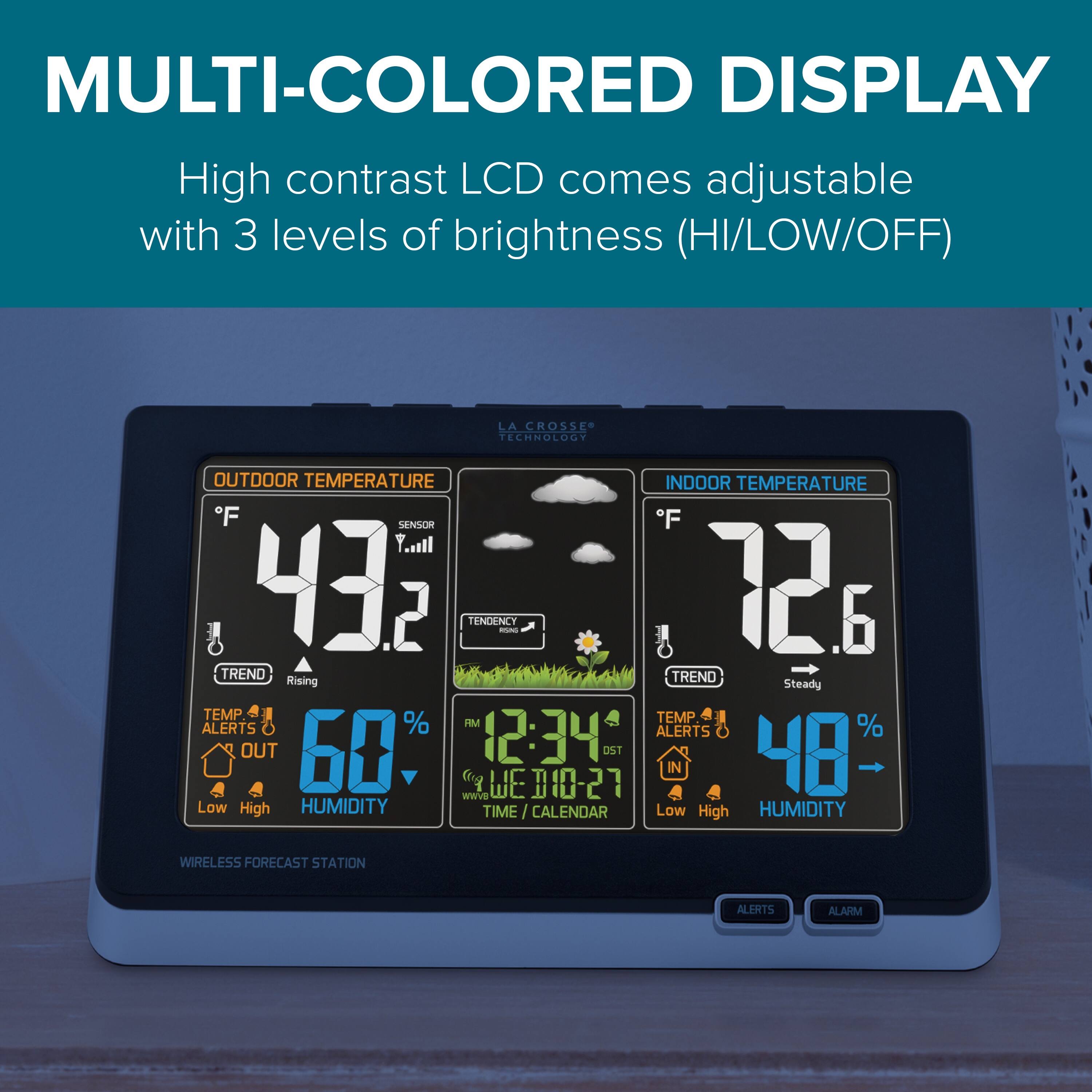 MULTI-COLORED DISPLAY  
High contrast LCD comes adjustable with 3 levels of brightness (HI/LOW/OFF)

OUTDOOR TEMPERATURE  
°F 93.2  
SENSOR  
TREND Rising  
TEMP ALERTS OUT  
60% HUMIDITY  
Low High  
TIME / CALENDAR 12:34  
WED 10-27

INDOOR TEMPERATURE  
°F 72.6  
TREND Steady  
TEMP ALERTS IN  
48% HUMIDITY  
Low High

WIRELESS FORECAST STATION  
ALERTS ALARM