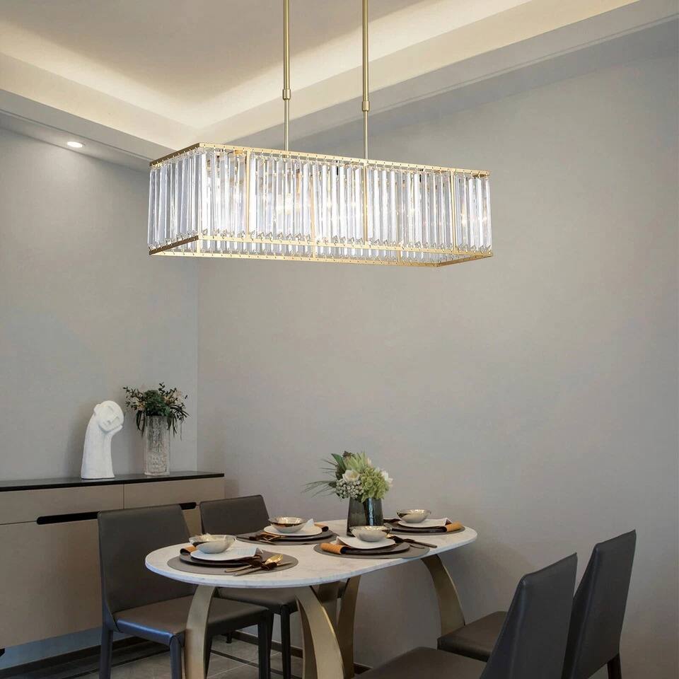 Left. Home Collection - Modern Gold Crystal Rectangular Chandelier LED Ceiling Pendant Light Fixture.