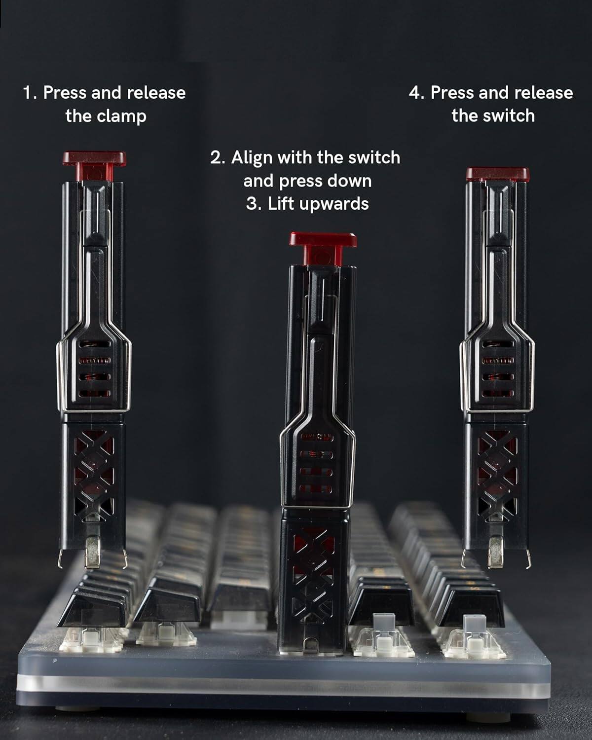 1. Press and release the clamp  
2. Align with the switch and press down  
3. Lift upwards  
4. Press and release the switch