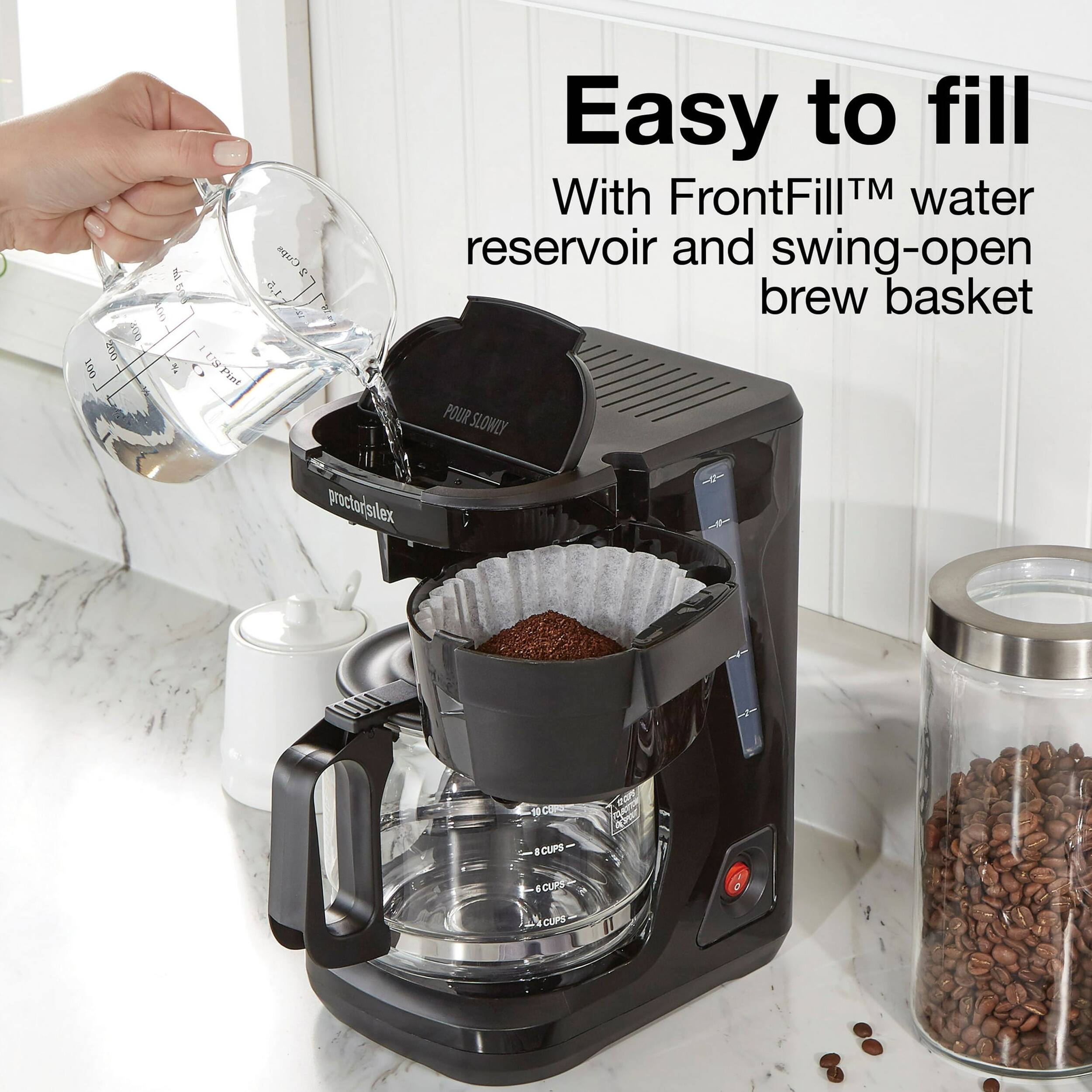 Easy to fill With FrontFill™ water reservoir and swing-open brew basket, POUR SLOWLY, 18 CUPS