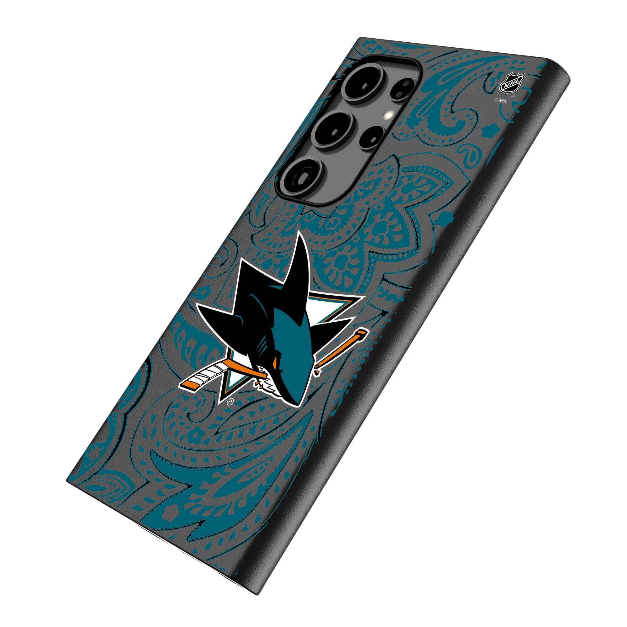 Alt View 1. Keyscaper - San Jose Sharks Paisley Galaxy Magnetic Bump Case - S24 Ultra - Black.
