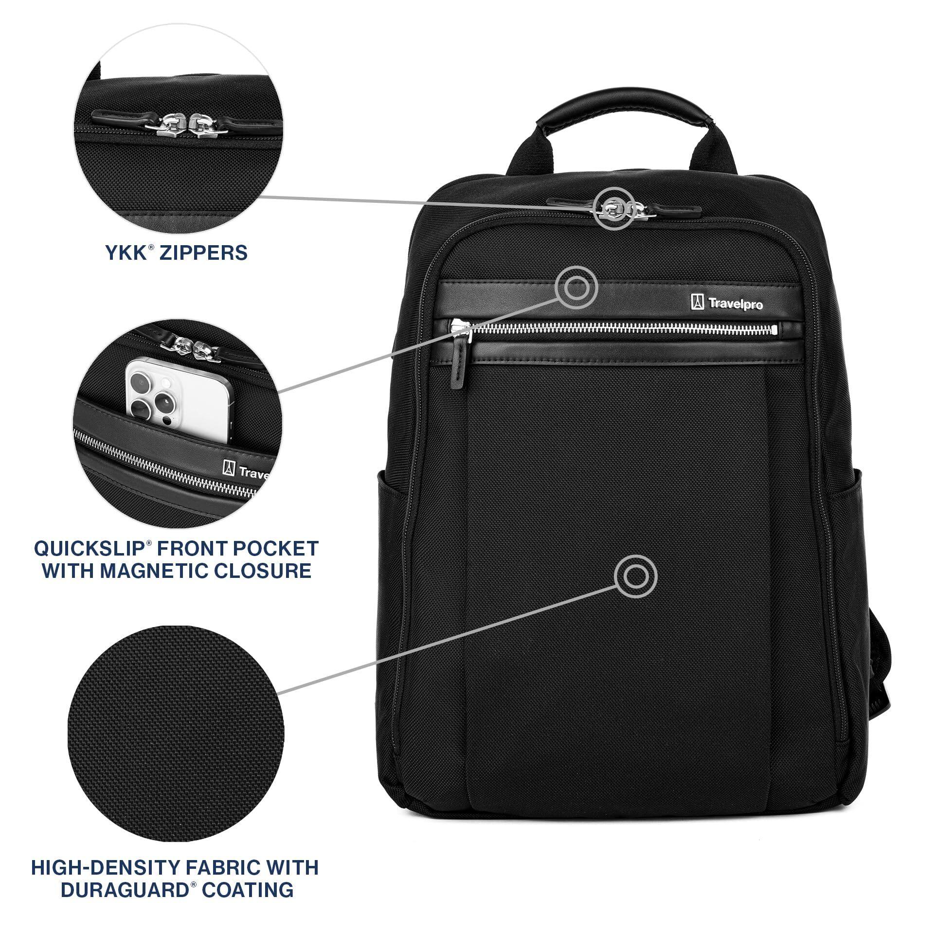 YKK® ZIPPERS  
Travelpro  
QUICKSLIP® FRONT POCKET WITH MAGNETIC CLOSURE  
HIGH-DENSITY FABRIC WITH DURAGUARD® COATING