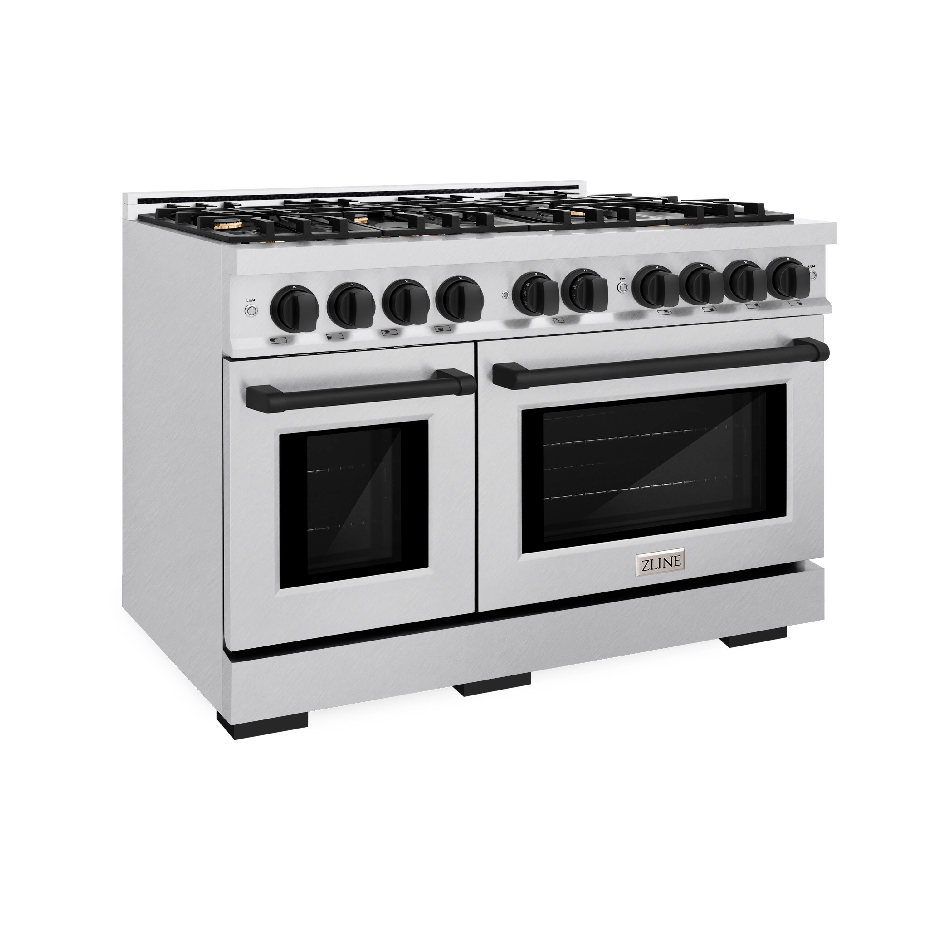 Angle. ZLINE - ZLINE Autograph 48 in. Freestanding Select Satin Steel Gas Range w/ 8 Burners & Black Accents - Satin Stainless Steel.