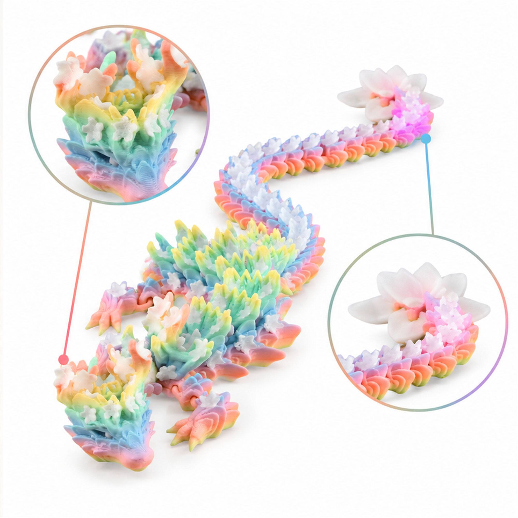 Left. JuzToys - 13" Articulated 3D Printed Dragon, Rainbow Blossom Dragon Flexible Body Desk Fidget Toy Fantasy Creature by PowerTRC - Multicolored.