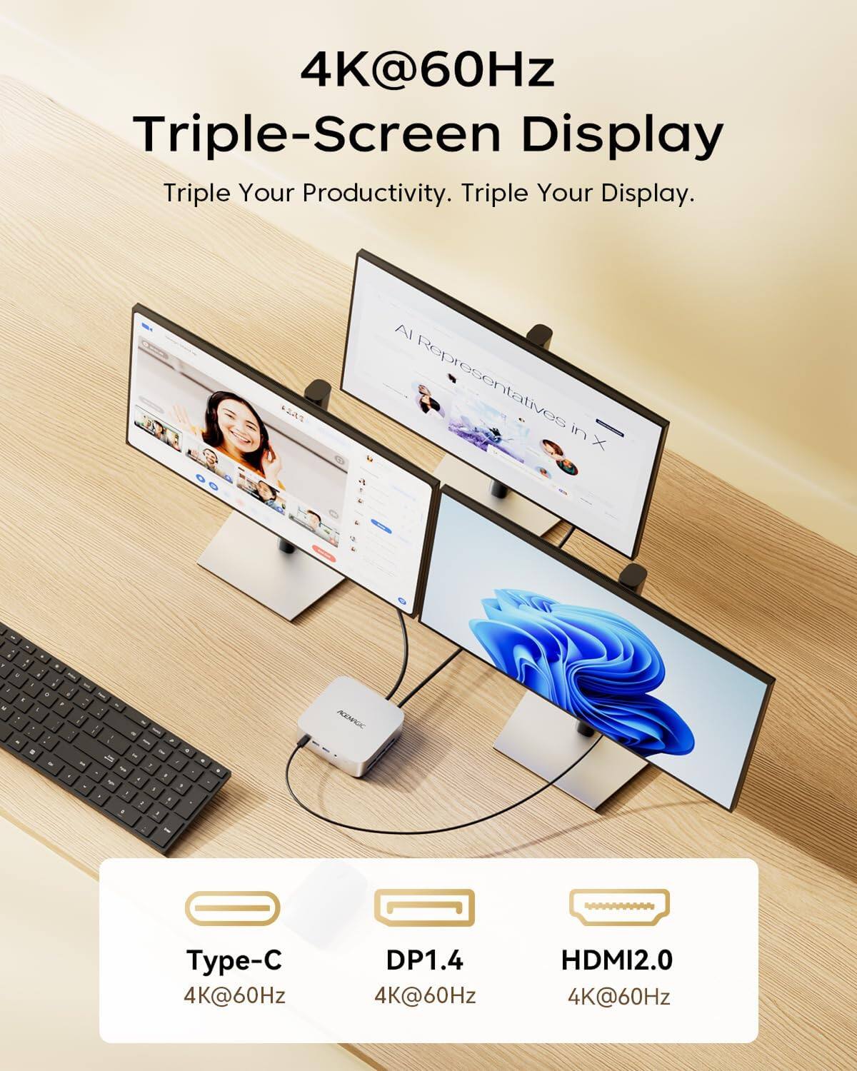 4K@60Hz Triple-Screen Display  
Triple Your Productivity. Triple Your Display.

s2A AI Representativos in X

AOSME  
4K@60Hz DP1.4  
4K@60Hz HDMI2.0  
4K@60Hz