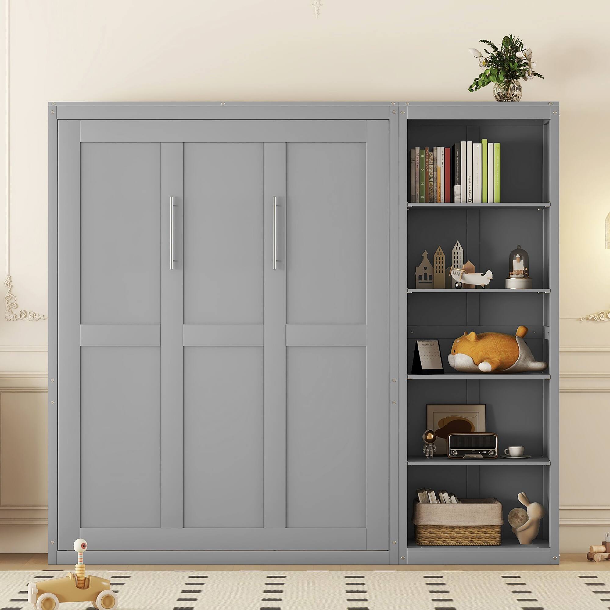 Left. Tiramisubest - Queen Size Gray Murphy Wall Bed with Shelves, Solid Wood + MDF, Space-Saving - Gray.