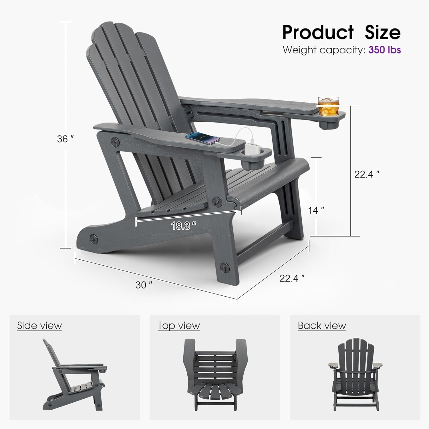 Product Size  
Weight capacity: 350 lbs  
36"  
22.4"  
19.3"  
14"  
30"  
22.4"  

Side view  
Top view  
Back view