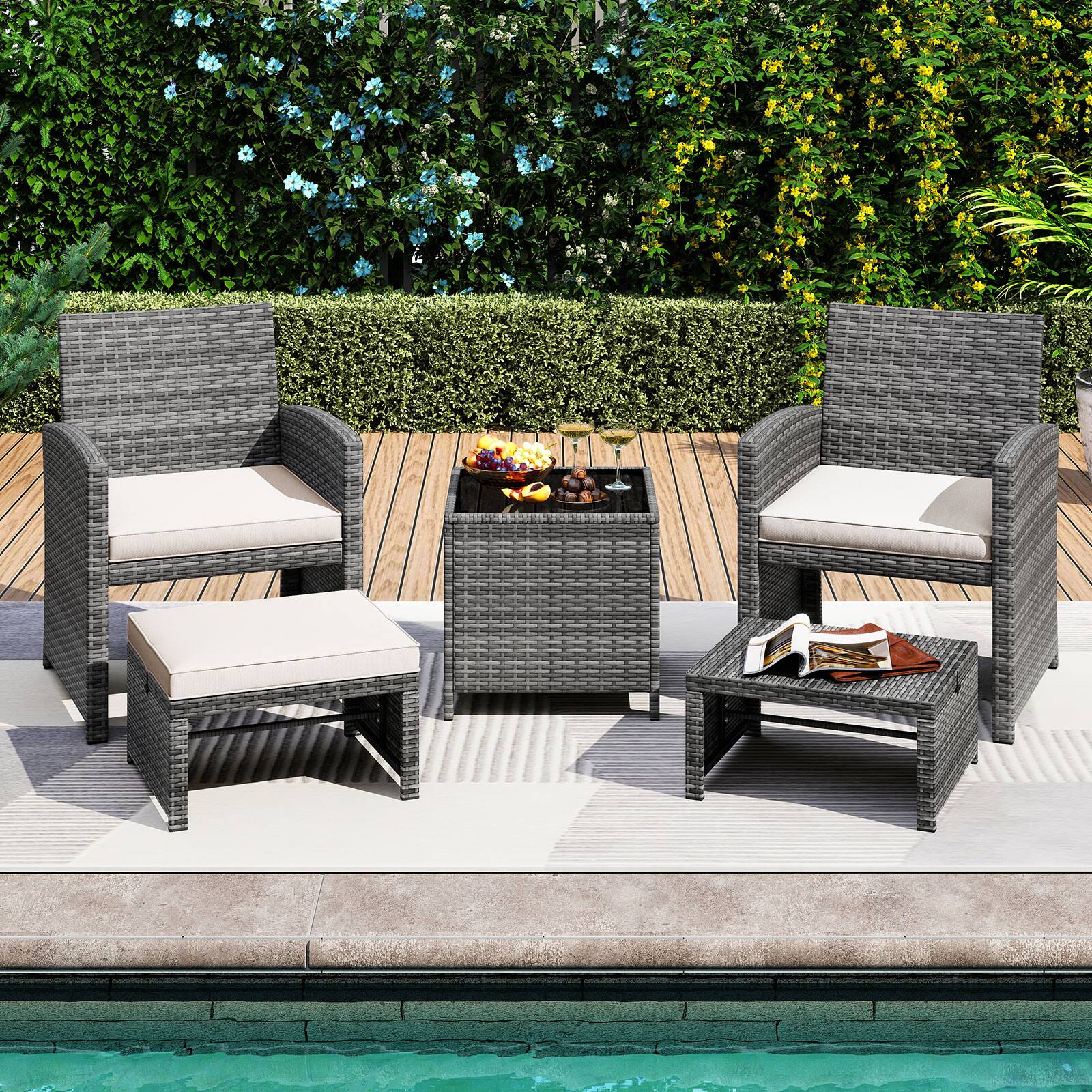 Alt View 3. Costway - Costway 5 Pieces Patio Furniture Set PE Wicker Outdoor Lounge Chairs with 2 Ottomans - White.