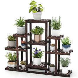 Gymax - Indoor Outdoor Wood Plant St& High Low Ladder Flower Rack for Garden Balcony - Brown