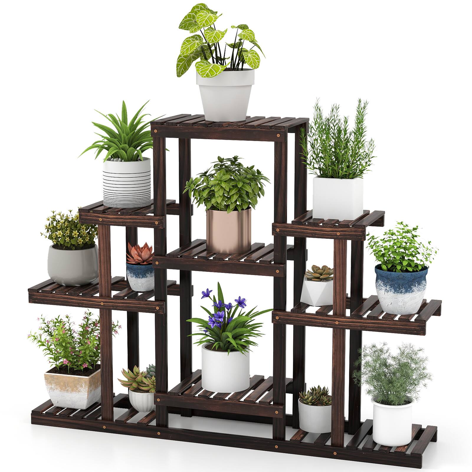 Front. Gymax - Gymax Indoor Outdoor Wood Plant St& High Low Ladder Flower Rack for Garden Balcony - Brown.
