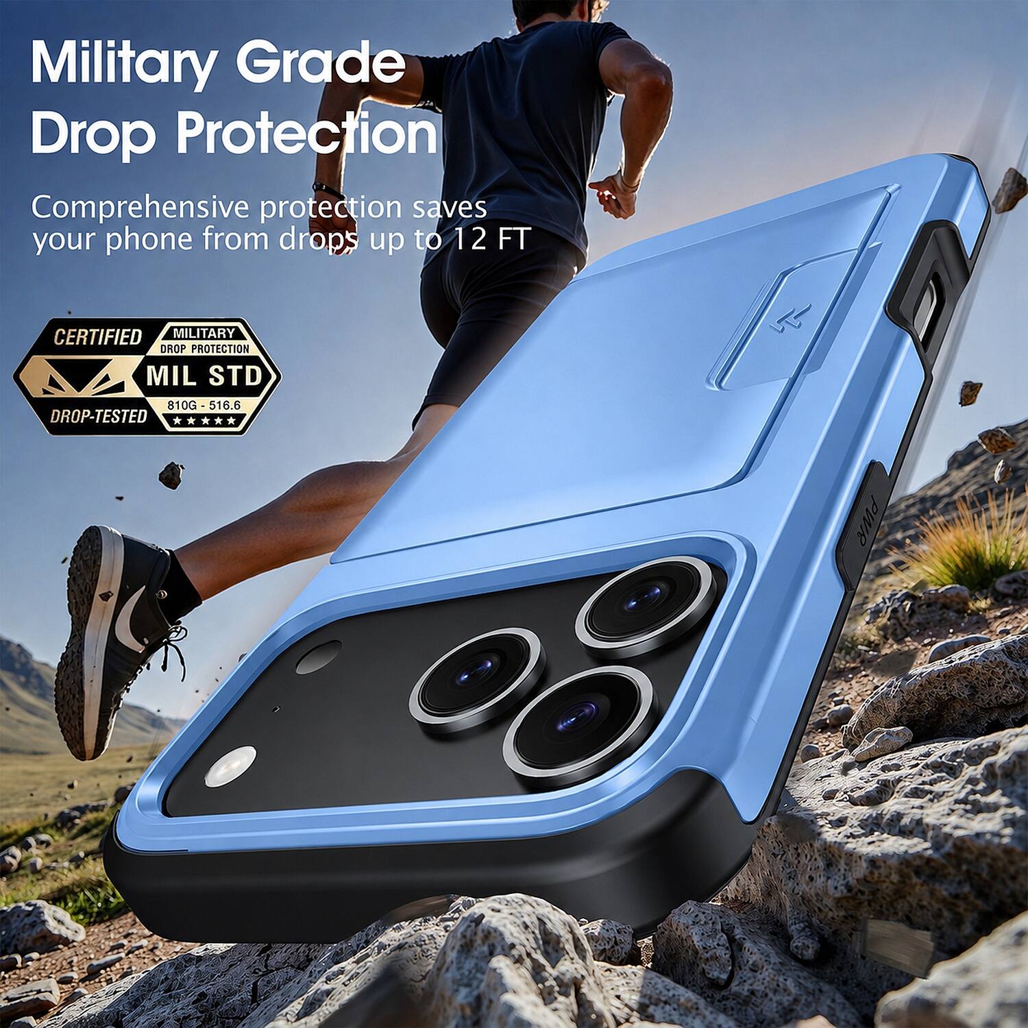 Military Grade Drop Protection  
Comprehensive protection saves your phone from drops up to 12 FT  

CERTIFIED MILITARY DROP PROTECTION  
MIL STD 810G - 516.6 DROP-TESTED
