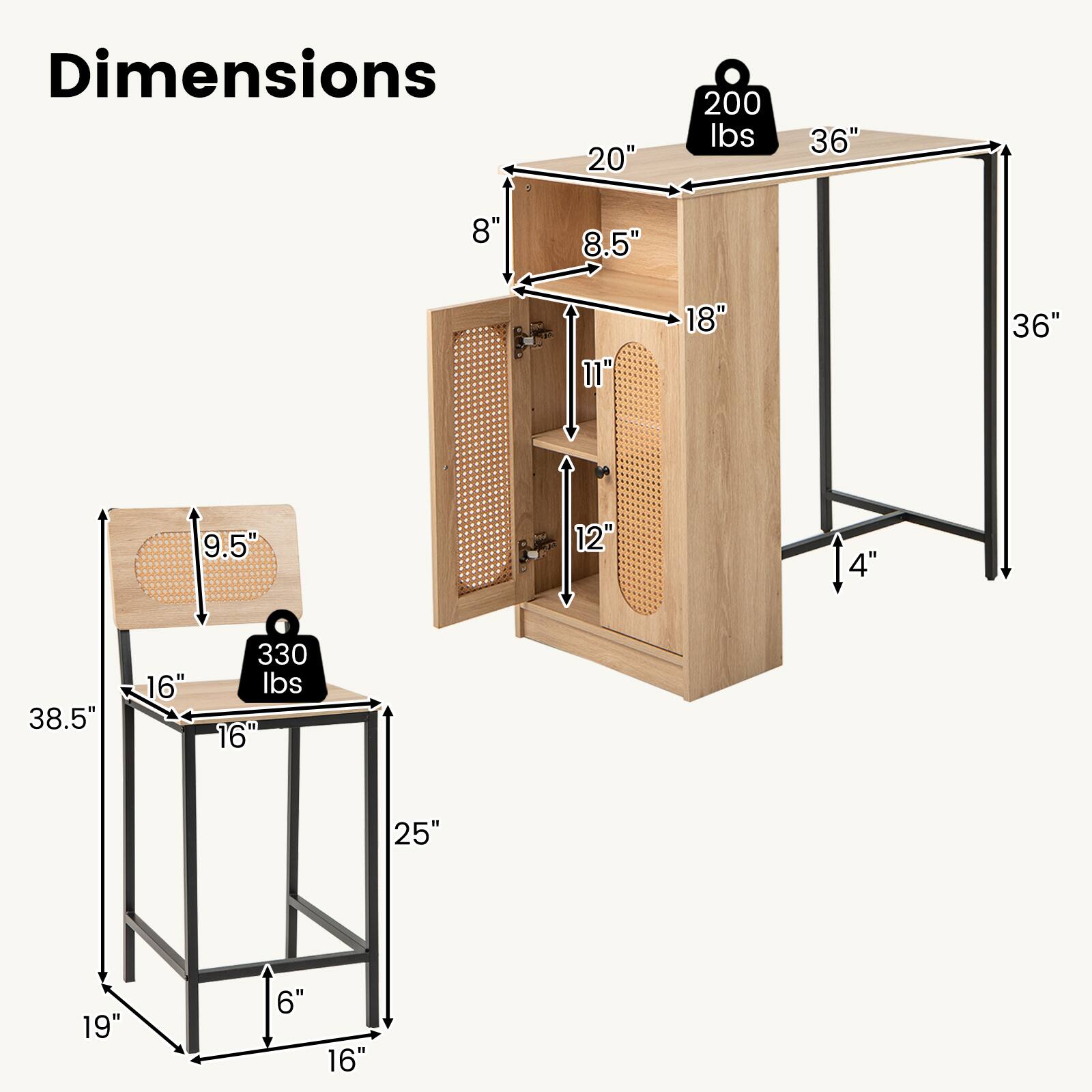 Dimensions  
- Top Shelf: 36" x 20" (200 lbs capacity)  
- Bottom Shelf: 36" x 16" (330 lbs capacity)  
- Height: 38.5"  
- Depth: 19"  
- Width: 25"  
- Side Shelves: 8" x 18"  
- Back Shelves: 8.5" x 11"  
- Front Shelves: 8" x 12"  
- Bottom Shelf Height: 4"  
- Side Shelves Height: 12"  
- Back Shelves Height: 11"  
- Front Shelves Height: 12"  
- Bottom Shelf Depth: 16"  
- Side Shelves Depth: 16"  
- Back Shelves Depth: 16"  
- Front Shelves Depth: 16"  
- Bottom Shelf Width: 9.5"