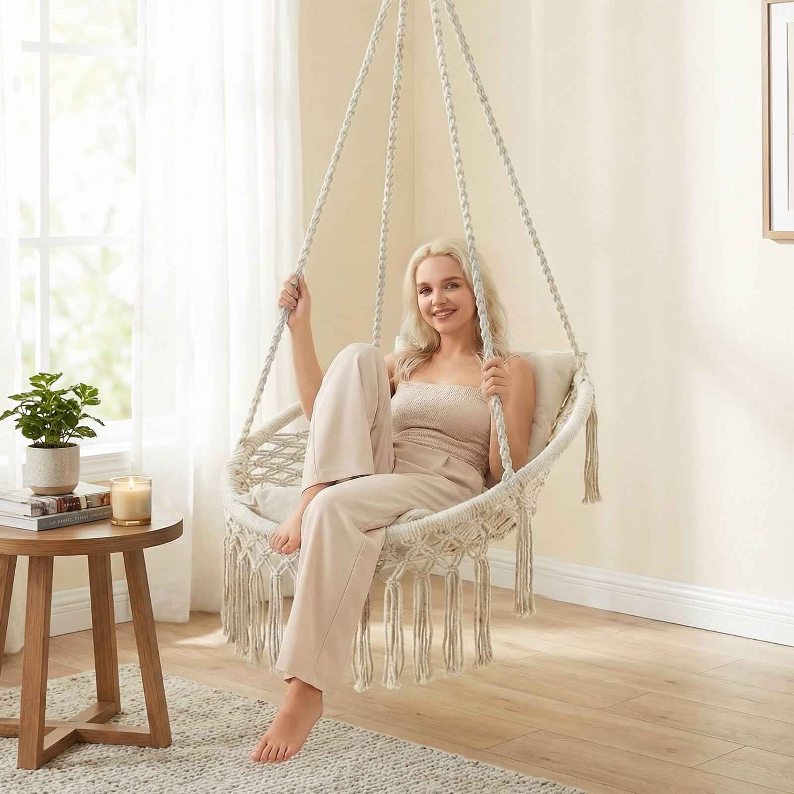 Alt View 1. Costway - Costway Macrame Swing Chair with 2 Removable Cushions, Enduring Polyester Cotton Ropes - Beige.