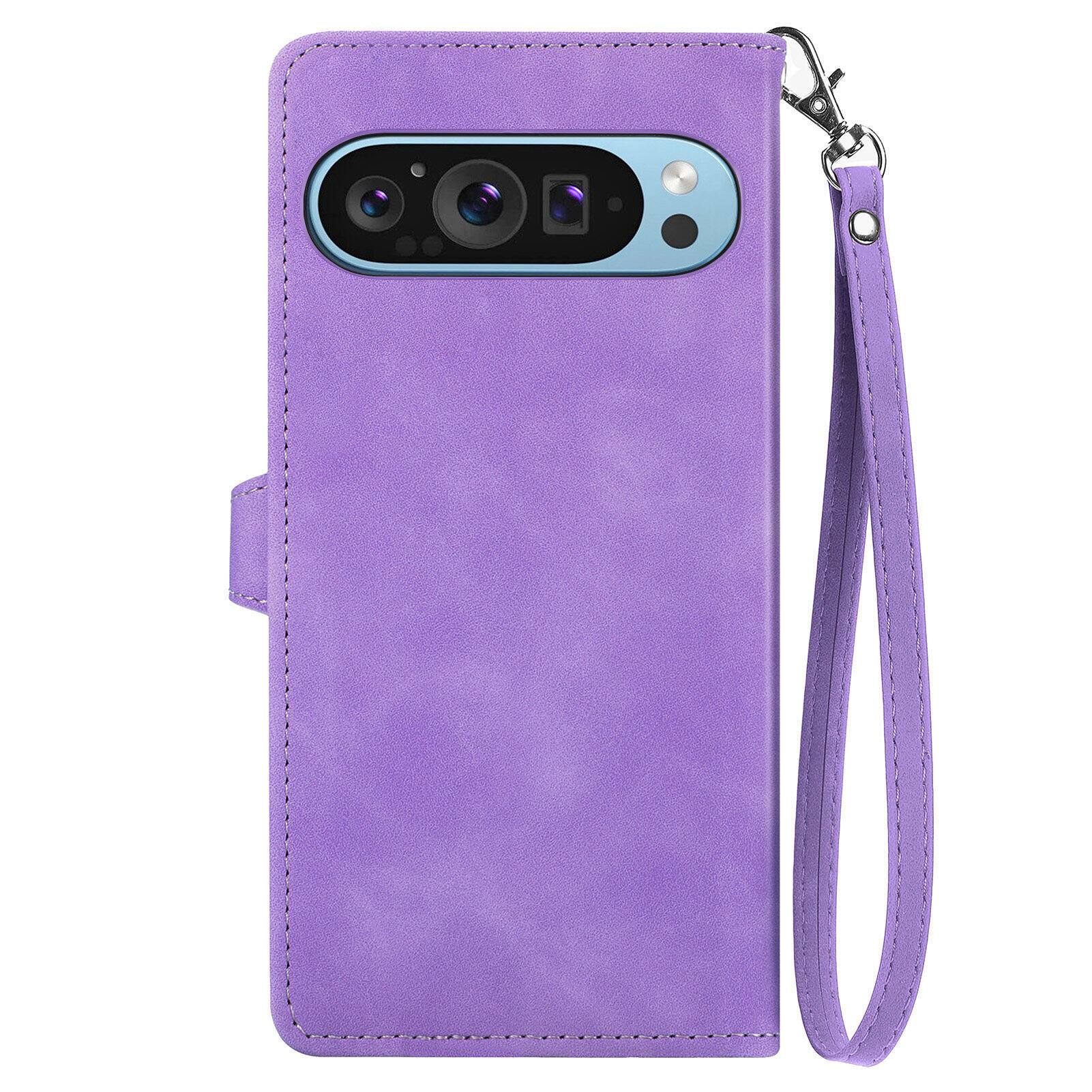 Angle. Dteck - for Google Pixel 10 Pro XL/9 Pro XL Wallet Case,Shockproof PU Leather Card Holder Cover with Zipper Pocket & Wrist Strap - Purple.