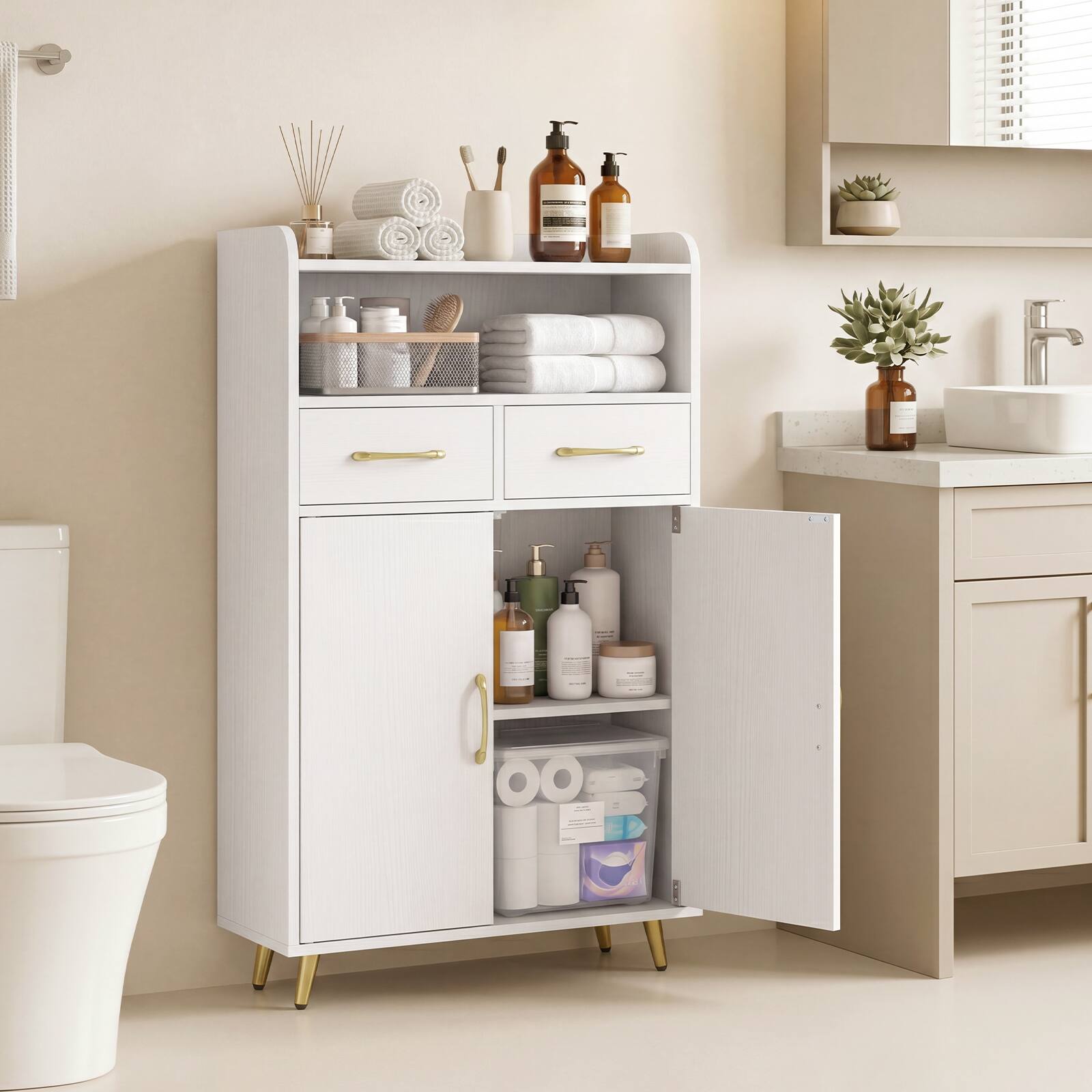 Alt View 1. Costway - Costway Bathroom Storage Cabinet with 2 Drawers and 2 Doors, Adjustable Shelf & Metal Legs - White.