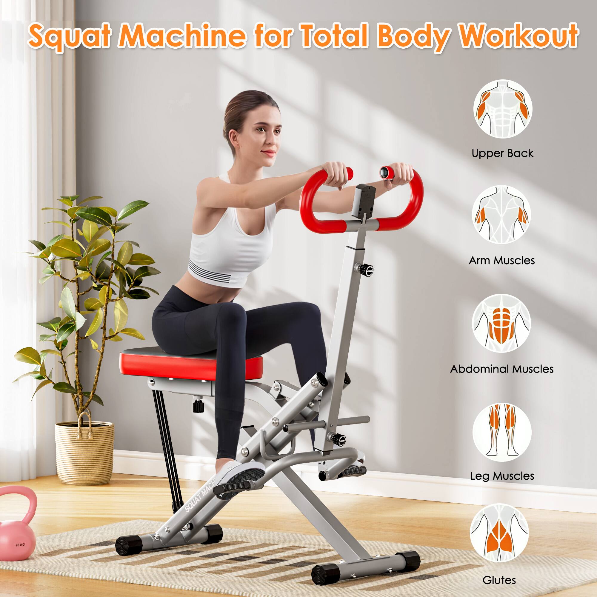Squat Machine for Total Body Workout

- Upper Back
- Arm Muscles
- Abdominal Muscles
- Leg Muscles
- Glutes