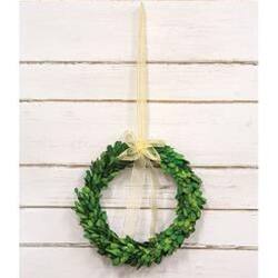 Angle. BreeBe - Preserved Boxwood Ring w/Ribbon 10" dia - Green, Cream.