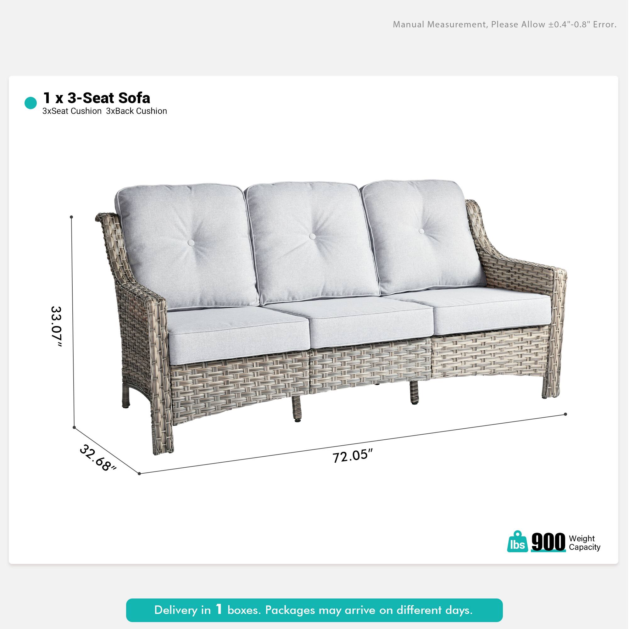 Manual Measurement, Please Allow ±0.4"-0.8" Error.

1 x 3-Seat Sofa  
3xSeat Cushion 3xBack Cushion  
33.07" x 32.68" x 72.05"  
900 lbs Weight Capacity  

Delivery in 1 boxes. Packages may arrive on different days.