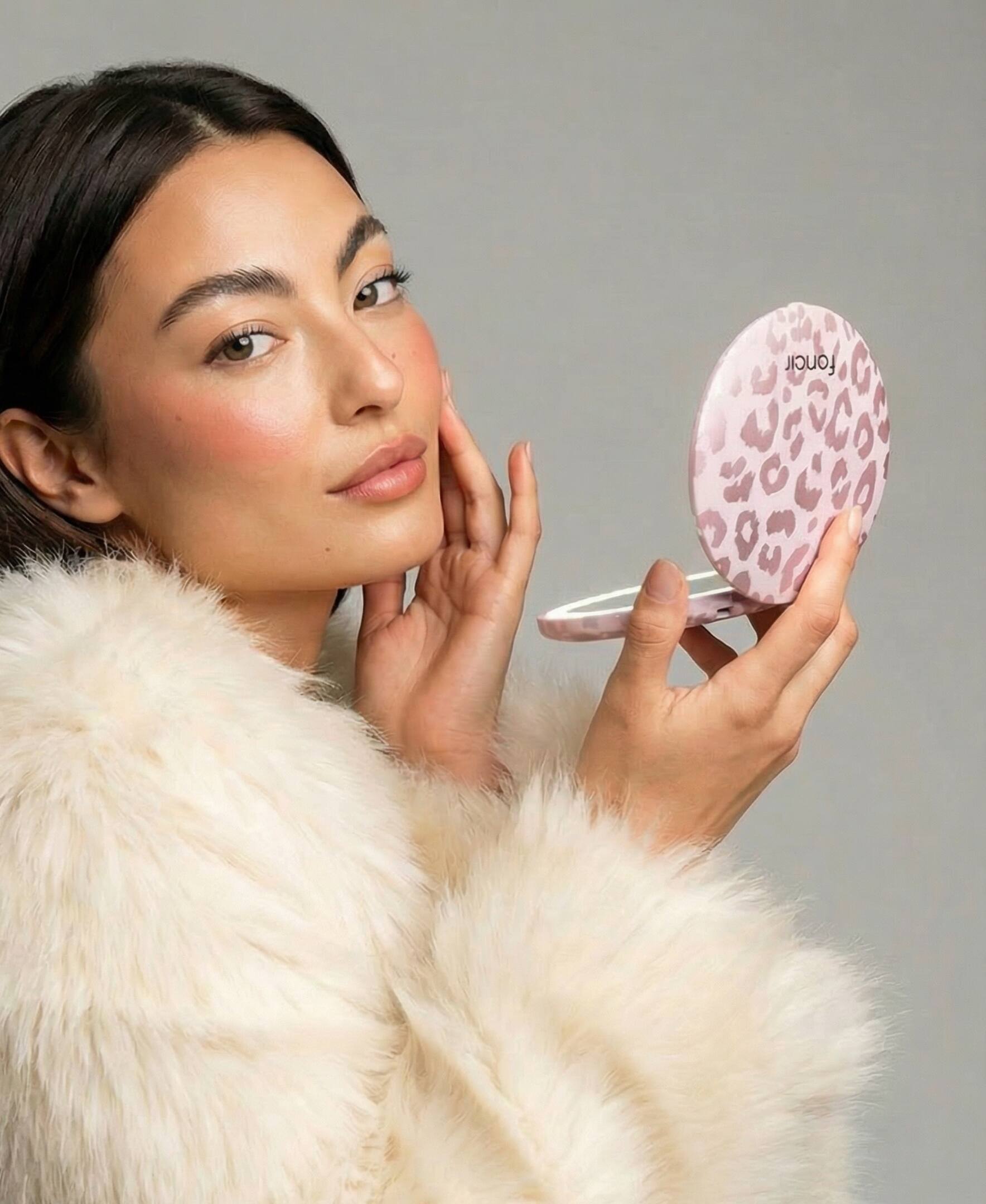 Alt View 1. fancii - Mini Taylor LED Compact Mirror - Cosmic Leopard.