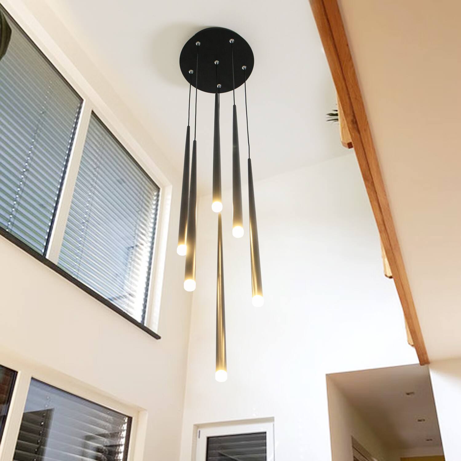 Back. Umeiluce - 6 - Light Cluster Cone LED Chandelier Pendant Kitchen Island Black Switch Dimming - Matte Black.