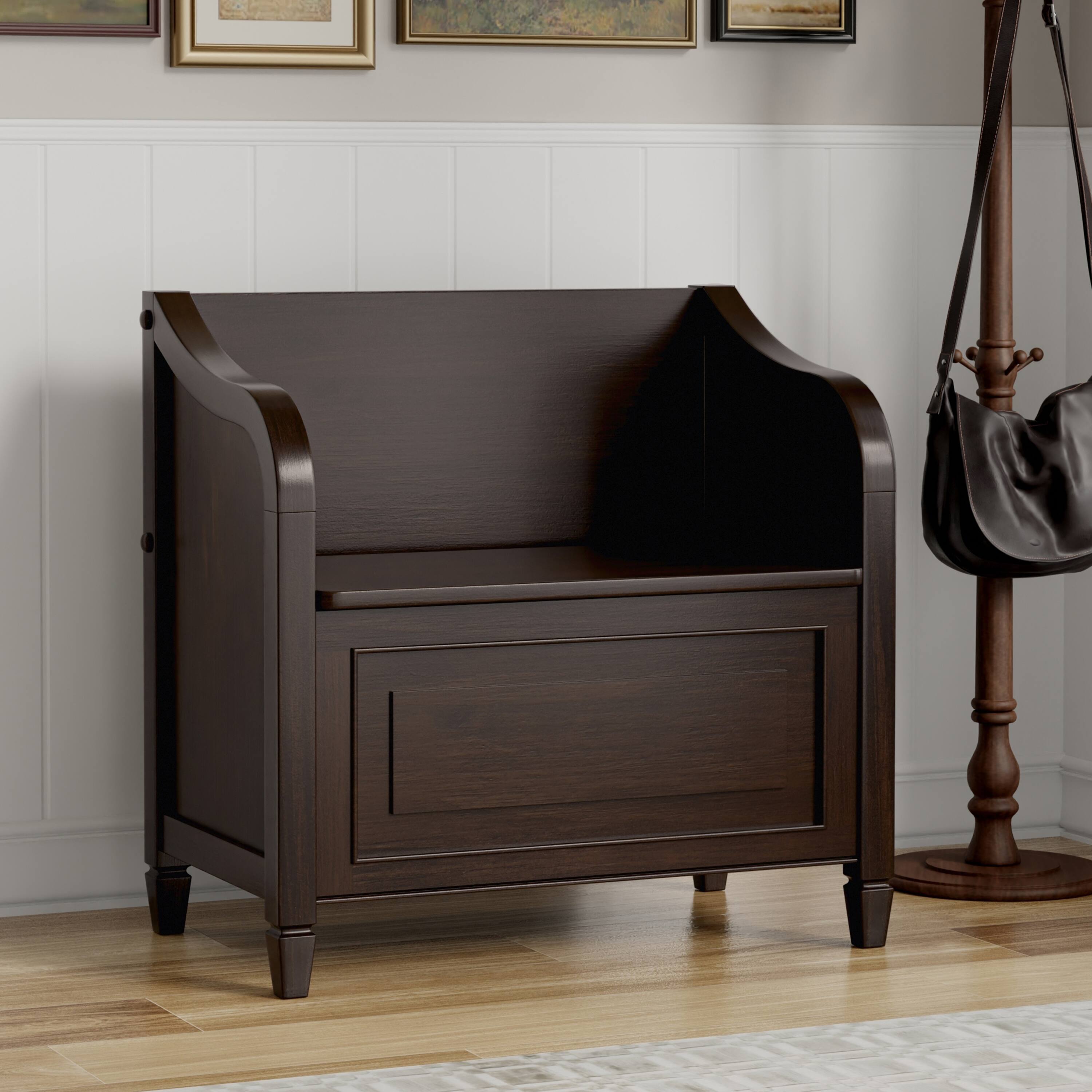 Angle. Simpli Home - Connaught SOLID WOOD 30 inch Wide Traditional Small Entryway Storage Bench in Chestnut Brown - Chestnut Brown.