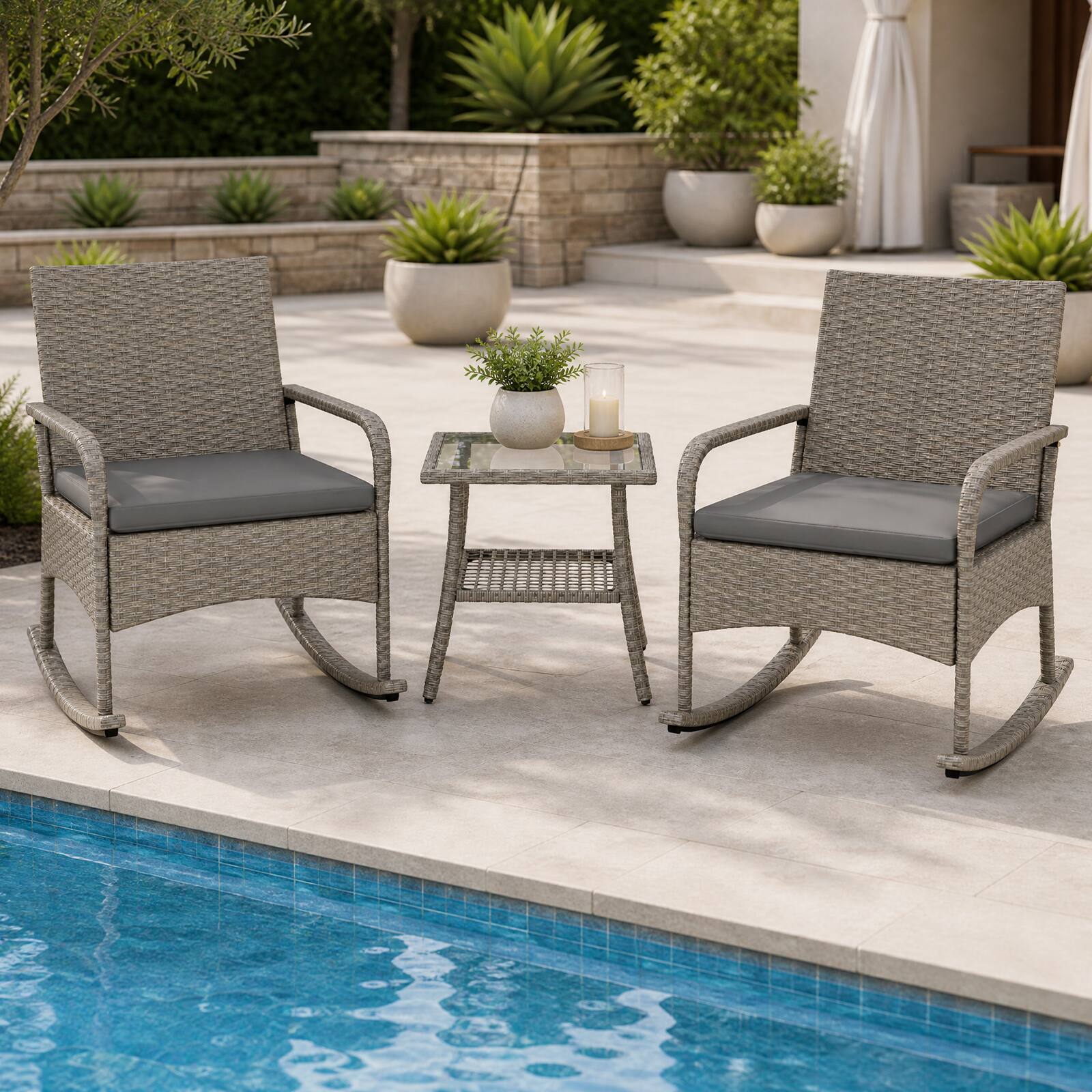 Costway - 3-Piece Outdoor Rocking Bistro Set with Cushions & Glass Coffee Table for Garden - Gray