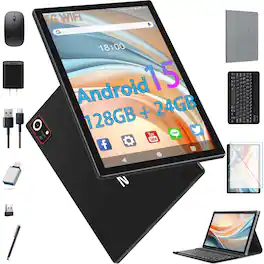 Qukenk - Android 15 Tablet,10 Inch Android Tablet,128GB+24GB+1TB Expand,5G WiFi,Octa-Core,Unisoc T606 CPU, Tablet with Keyboard - Black