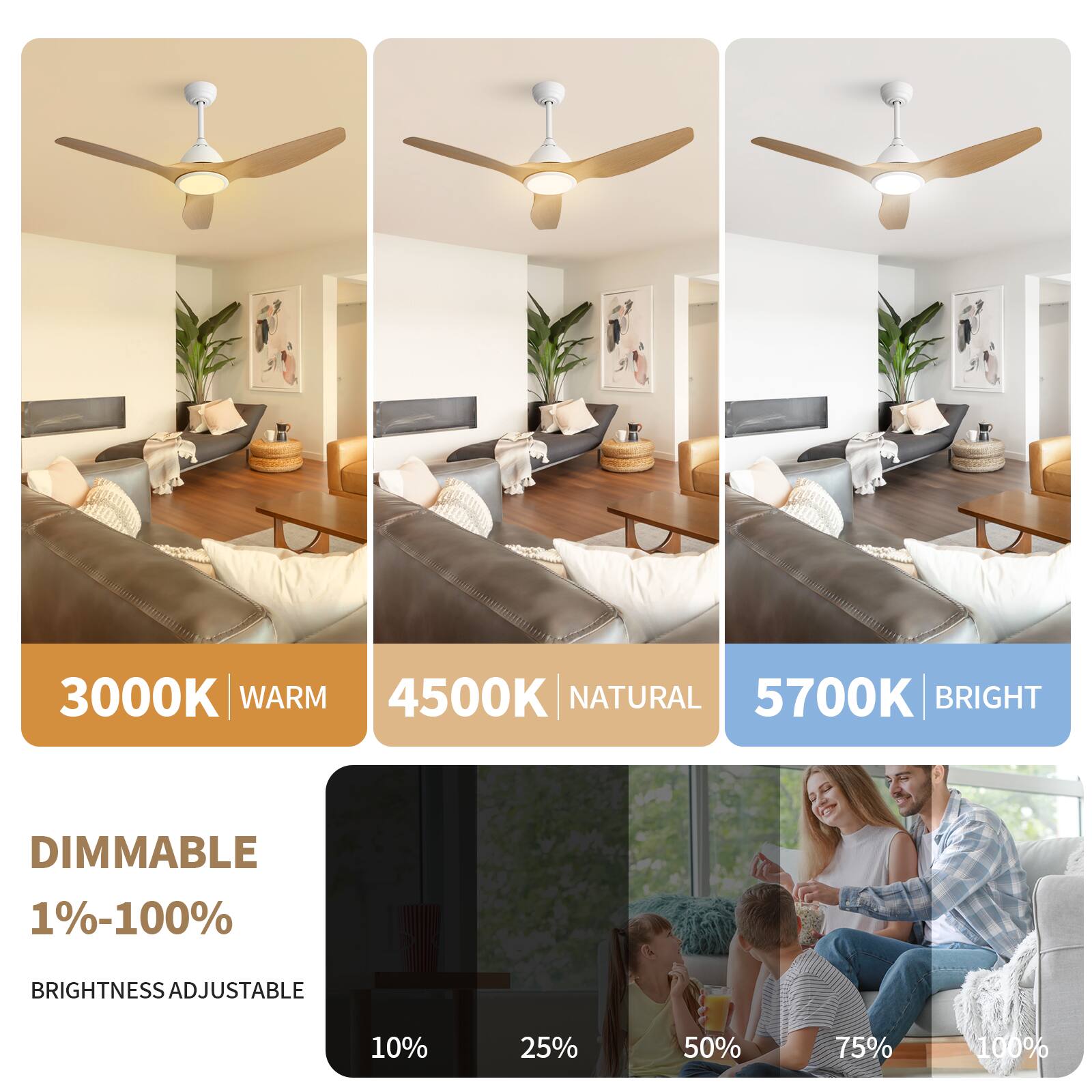 3000K | WARM  
4500K | NATURAL  
5700K | BRIGHT  

DIMMABLE  
1%-100%  

BRIGHTNESS ADJUSTABLE  
10% 25% 50% 75% 100%