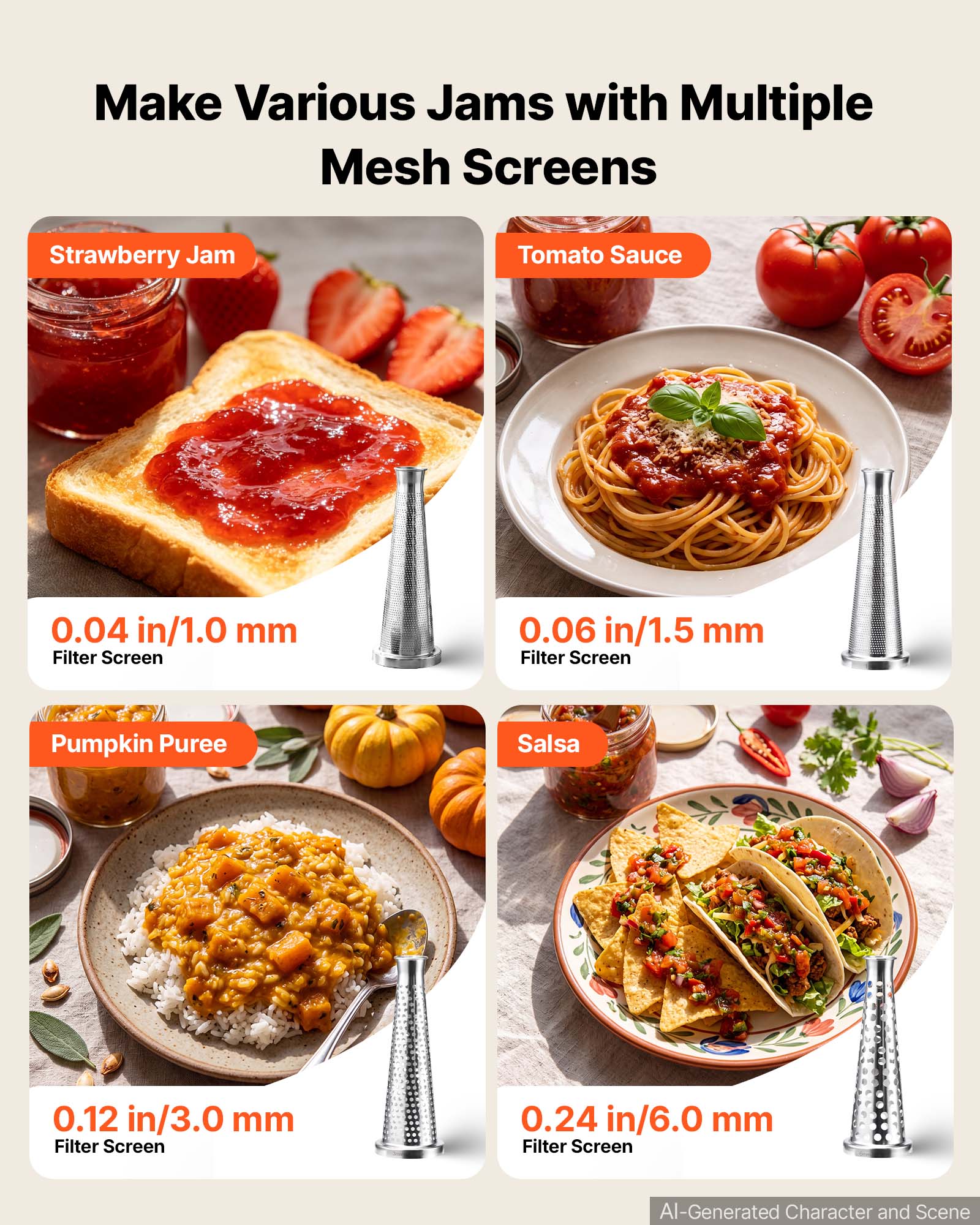 Make Various Jams with Multiple Mesh Screens

Strawberry Jam
0.04 in/1.0 mm Filter Screen

Tomato Sauce
0.06 in/1.5 mm Filter Screen

Pumpkin Puree
0.12 in/3.0 mm Filter Screen

Salsa
0.24 in/6.0 mm Filter Screen

AI-Generated Character and Scene