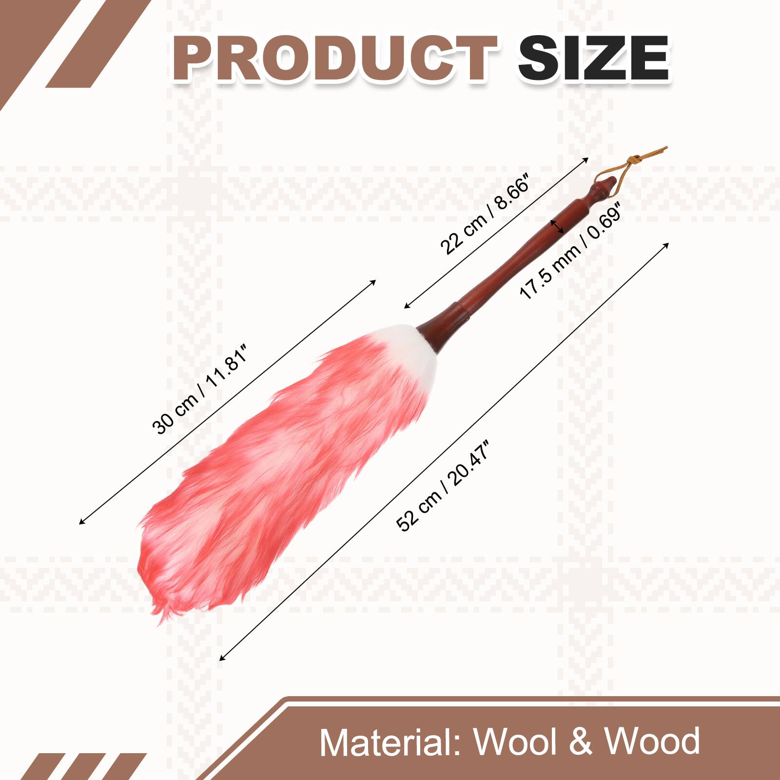 PRODUCT SIZE

- 30 cm / 11.81"
- 52 cm / 20.47"
- 22 cm / 8.66"
- 17.5 mm / 0.69"

Material: Wool & Wood
