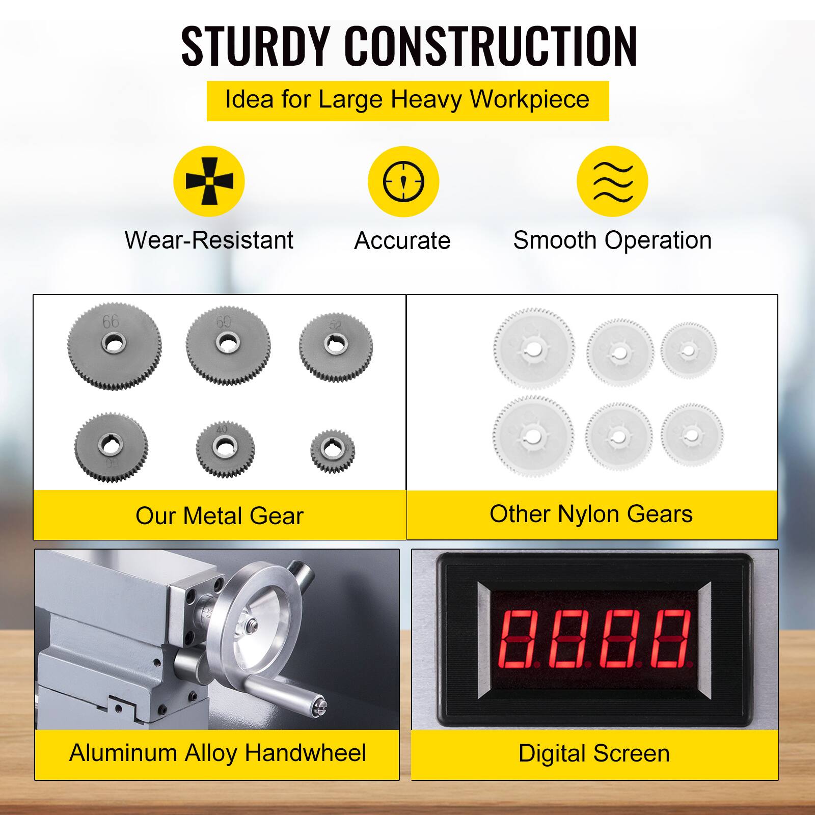 STURDY CONSTRUCTION  
Idea for Large Heavy Workpiece  

Wear-Resistant  
Accurate  
Smooth Operation  

Our Metal Gear  
Other Nylon Gears  

Aluminum Alloy Handwheel  
Digital Screen