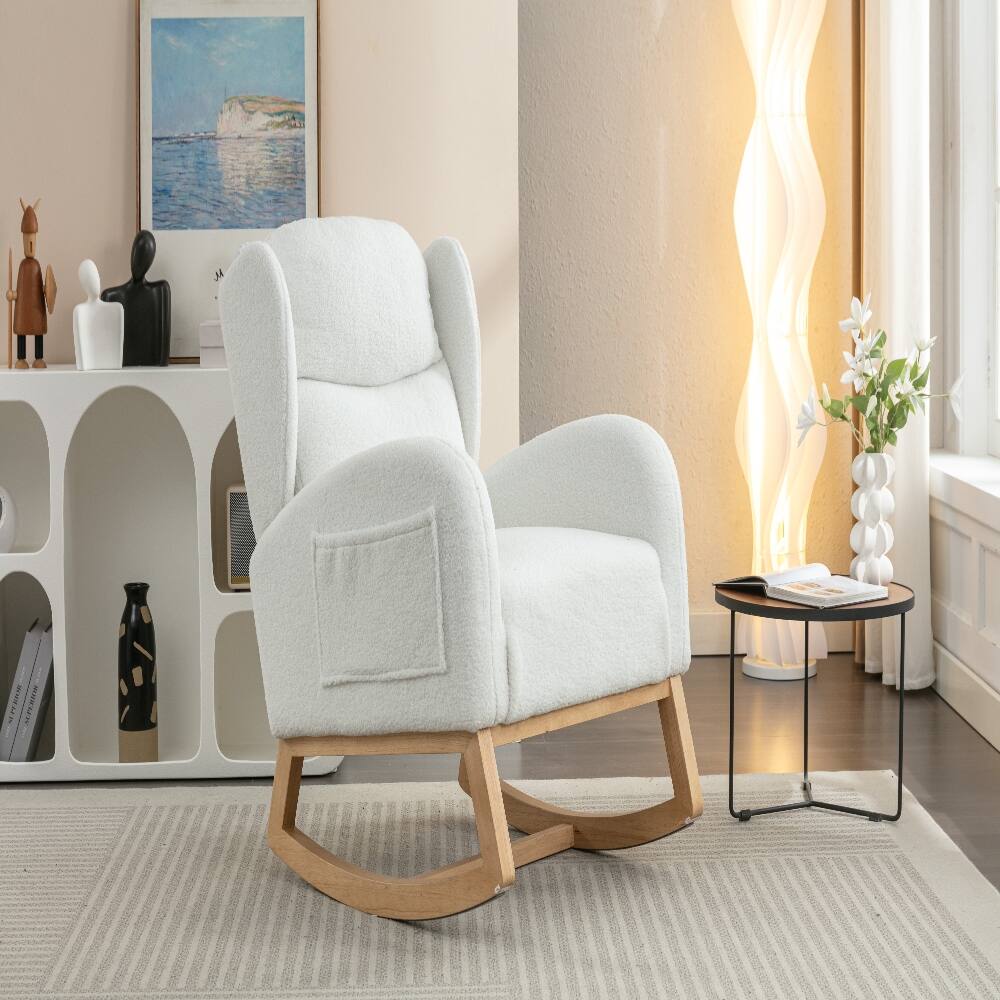 Left. Loheer - Loheer Teddy Fabric Rocking Chair Ivory Ergonomic Wooden Legs - Ivory.