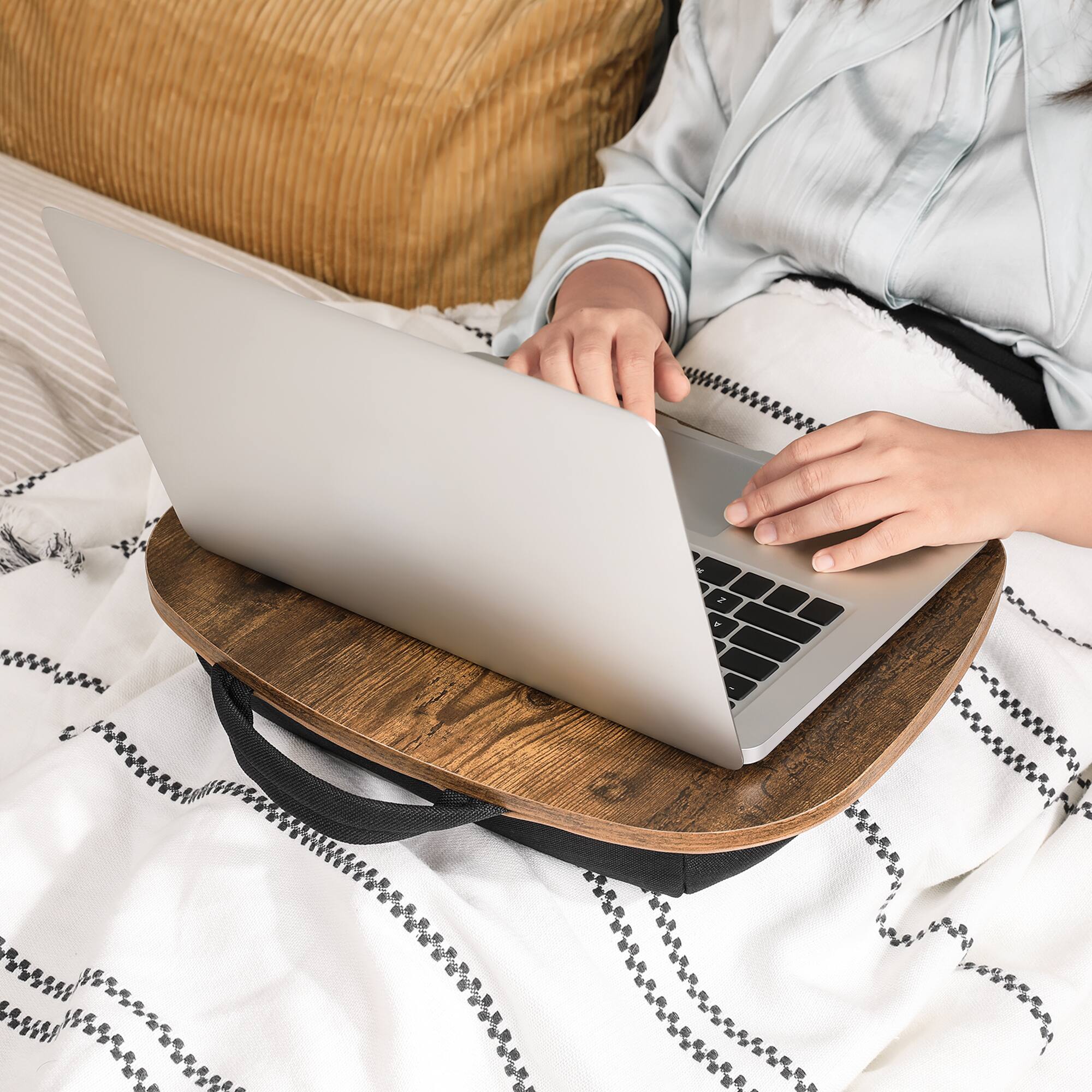 Angle. Songmics Home - Lap Desk, Bed Tray, Laptop Table with Handle, Cushion, 12.6 x 15.7 x 3.1 Inches - Rustic Brown.